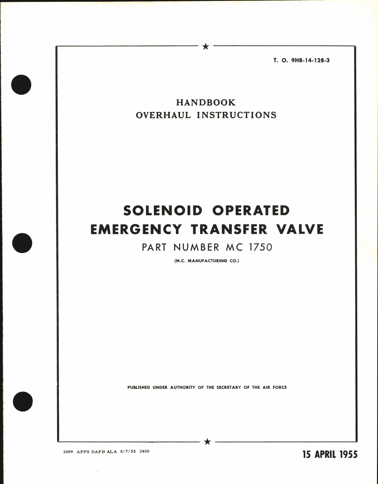 Sample page 1 from AirCorps Library document: Handbook of Instructions for Solenoid Operated Emergency Transfer Valve Part No. MC 1750