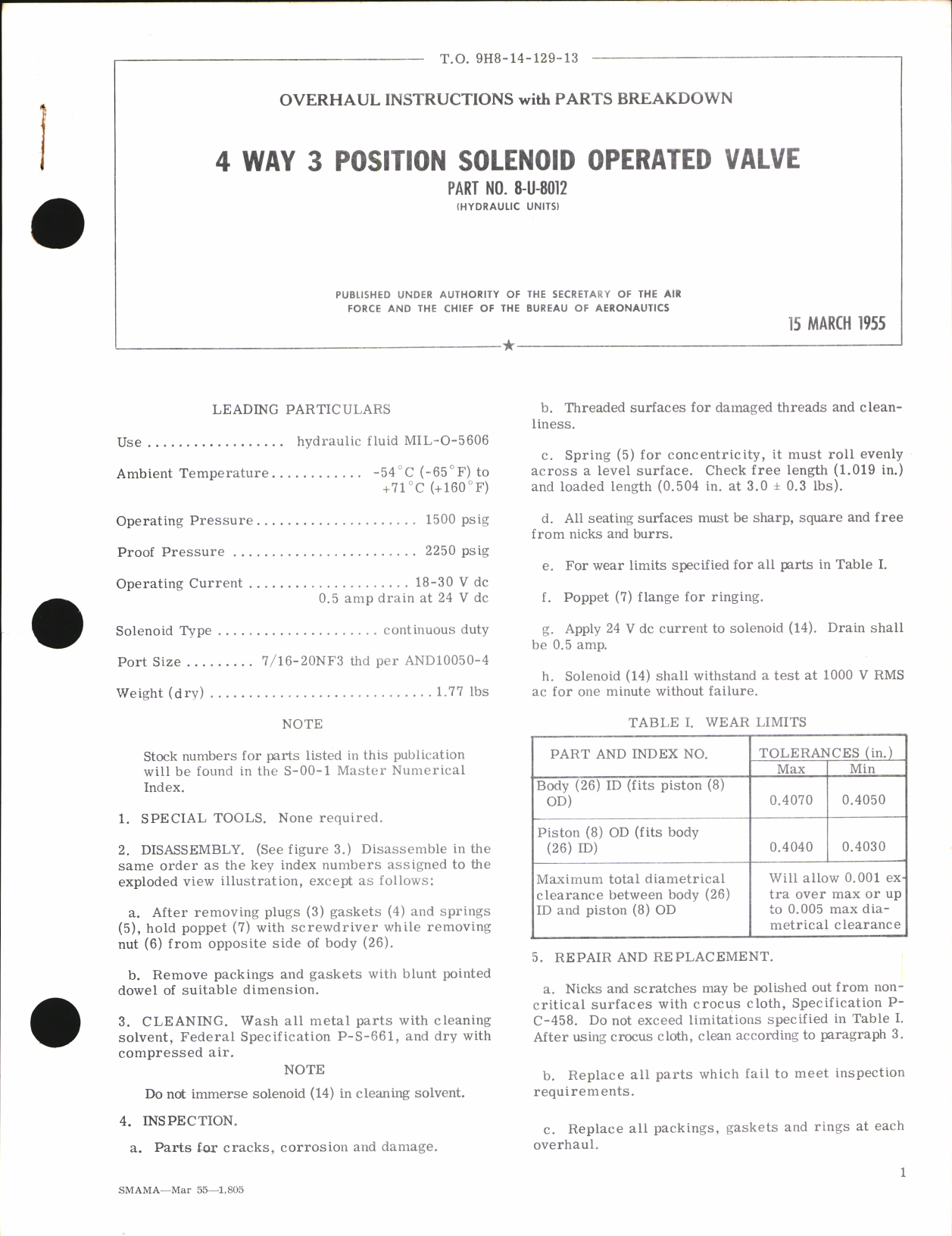 Sample page 1 from AirCorps Library document: Overhaul Instructions with Parts Breakdown for 4 way 3 Position Solenoid Operated Valve Part No. 8-U-8012