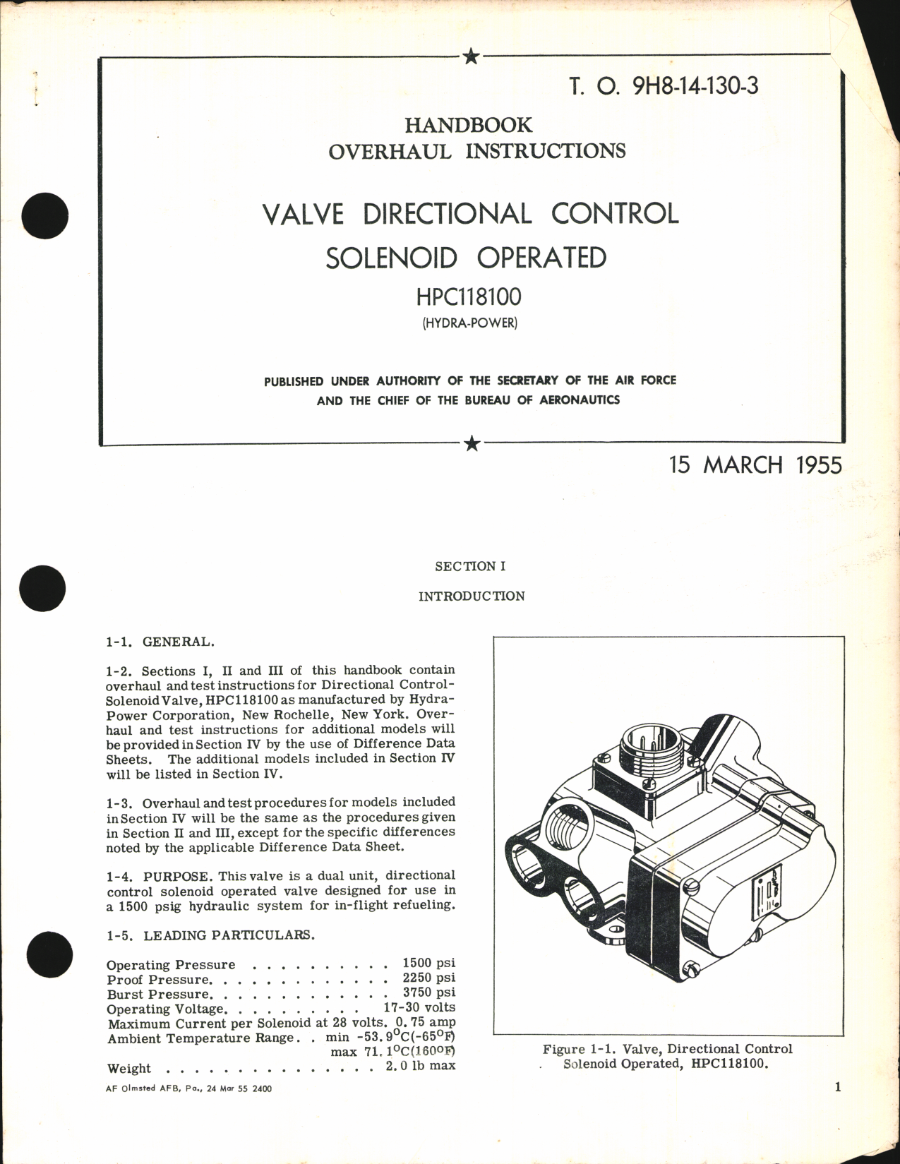 Sample page 1 from AirCorps Library document: Handbook of Instructions for Valve Directional Control Solenoid Operated HPC118100