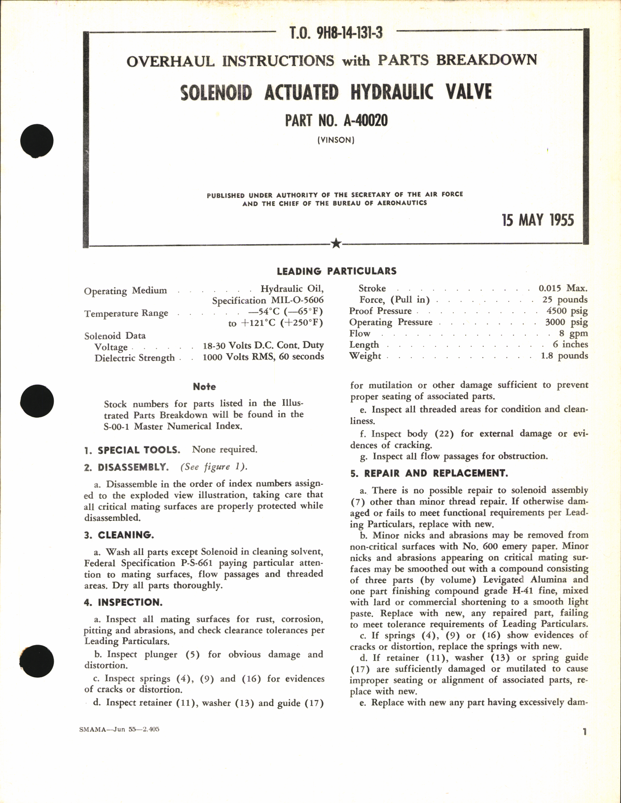 Sample page 1 from AirCorps Library document: Overhaul Instructions with Parts Breakdown for Solenoid Actuated Hydraulic valve Part No. A-40020