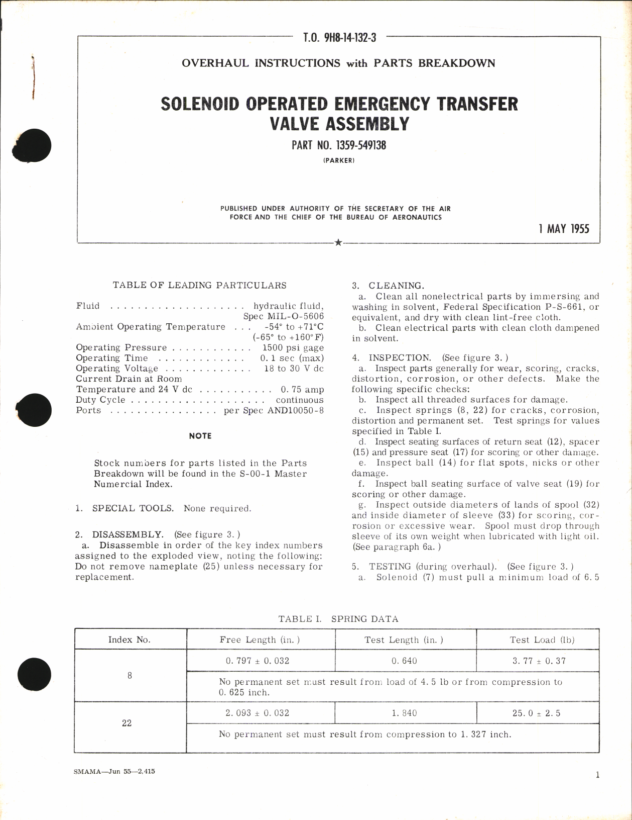 Sample page 1 from AirCorps Library document: Overhaul Instructions with Parts Breakdown for Solenoid Operated Emergency Transfer Valve Assembly Part No. 1359-549138