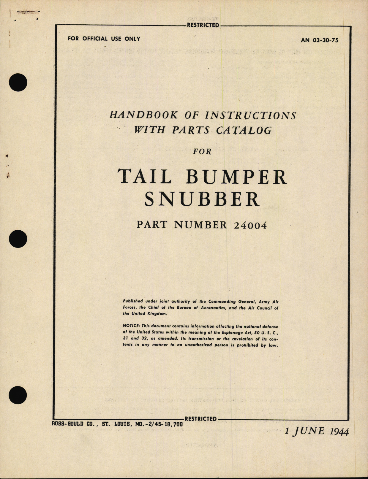 Sample page 1 from AirCorps Library document: Handbook of Instructions with Parts Catalog for Tail Bumper Snubber Part Number 24004