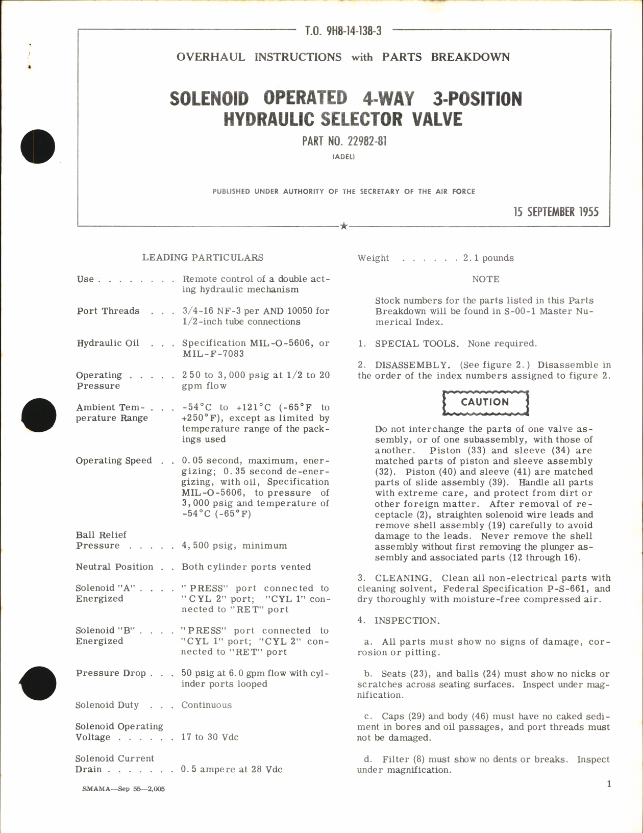 Sample page 1 from AirCorps Library document: Overhaul Instructions with Parts Breakdown for Solenoid Operated 4-Way 3-Position Hydraulic Selector Valve Part No. 22982-81