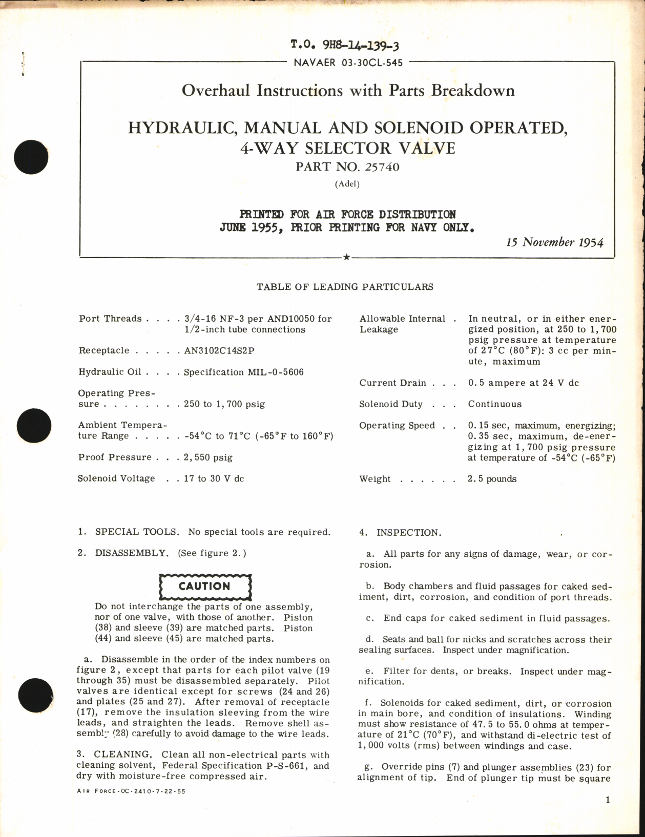 Sample page 1 from AirCorps Library document: Overhaul Instructions with Parts Breakdown for Hydraulic, Manual and Solenoid Operated, 4-Way Selector Valve, Part No. 25740 