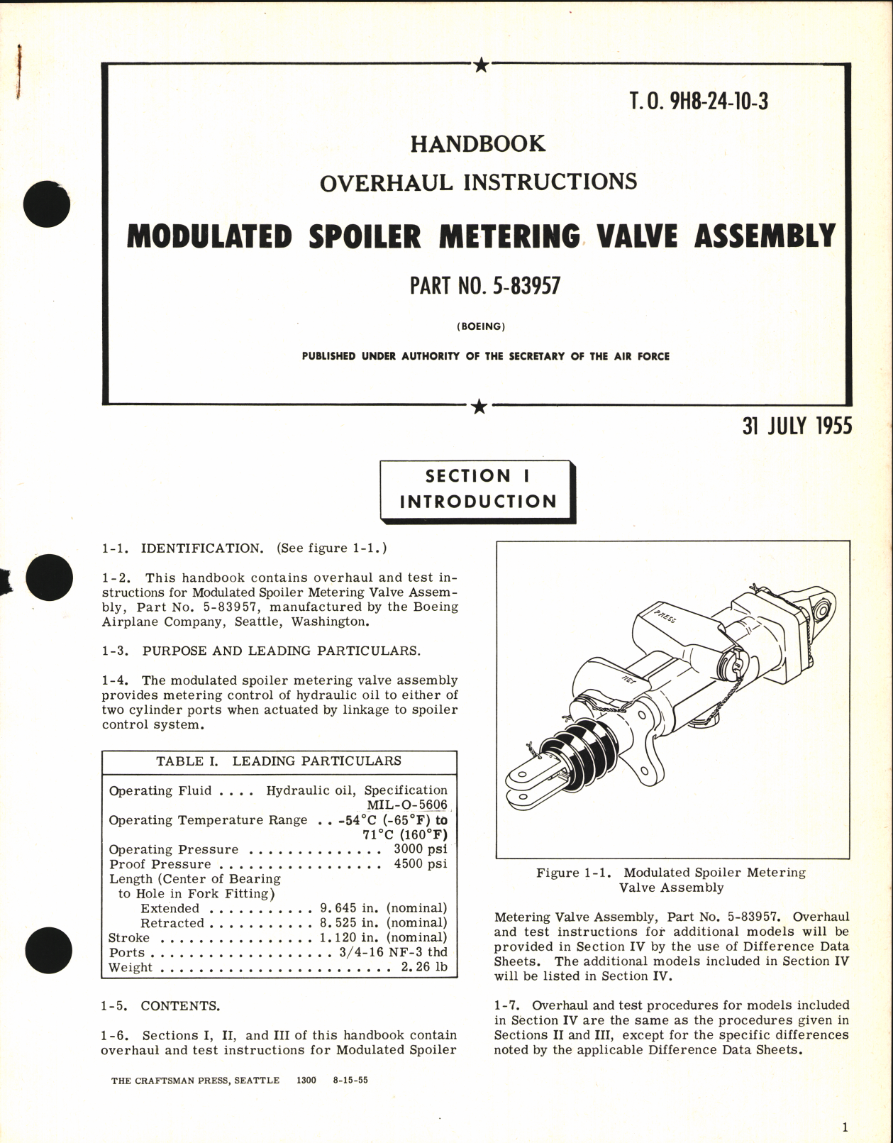 Sample page 1 from AirCorps Library document: Handbook of Overhaul Instructions for Modulated Spoiler Metering Valve Assembly Part No. 5-83957