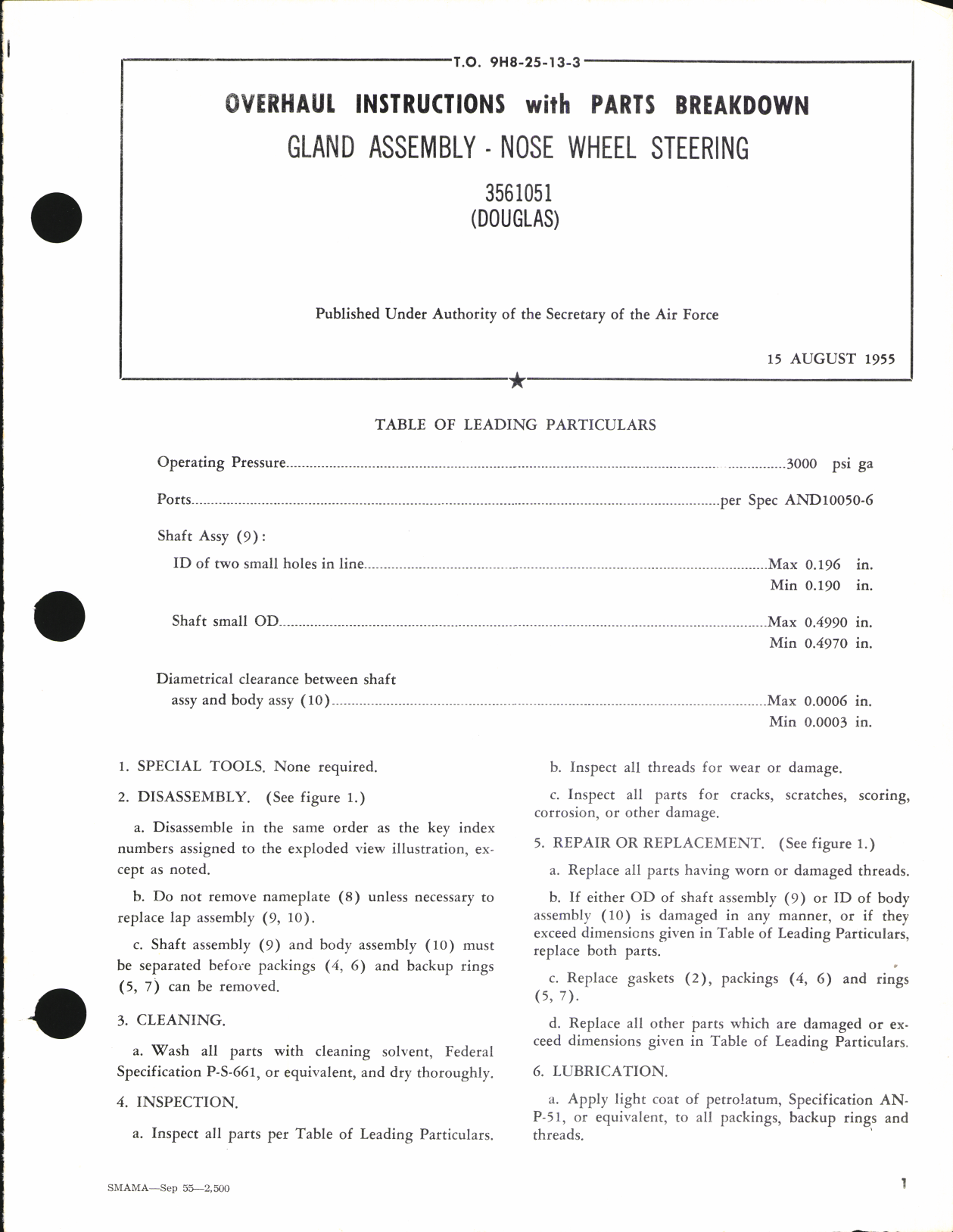 Sample page 1 from AirCorps Library document: Overhaul Instructions with Parts Breakdown for Gland Assembly, Nose Wheel Steering, 3561051