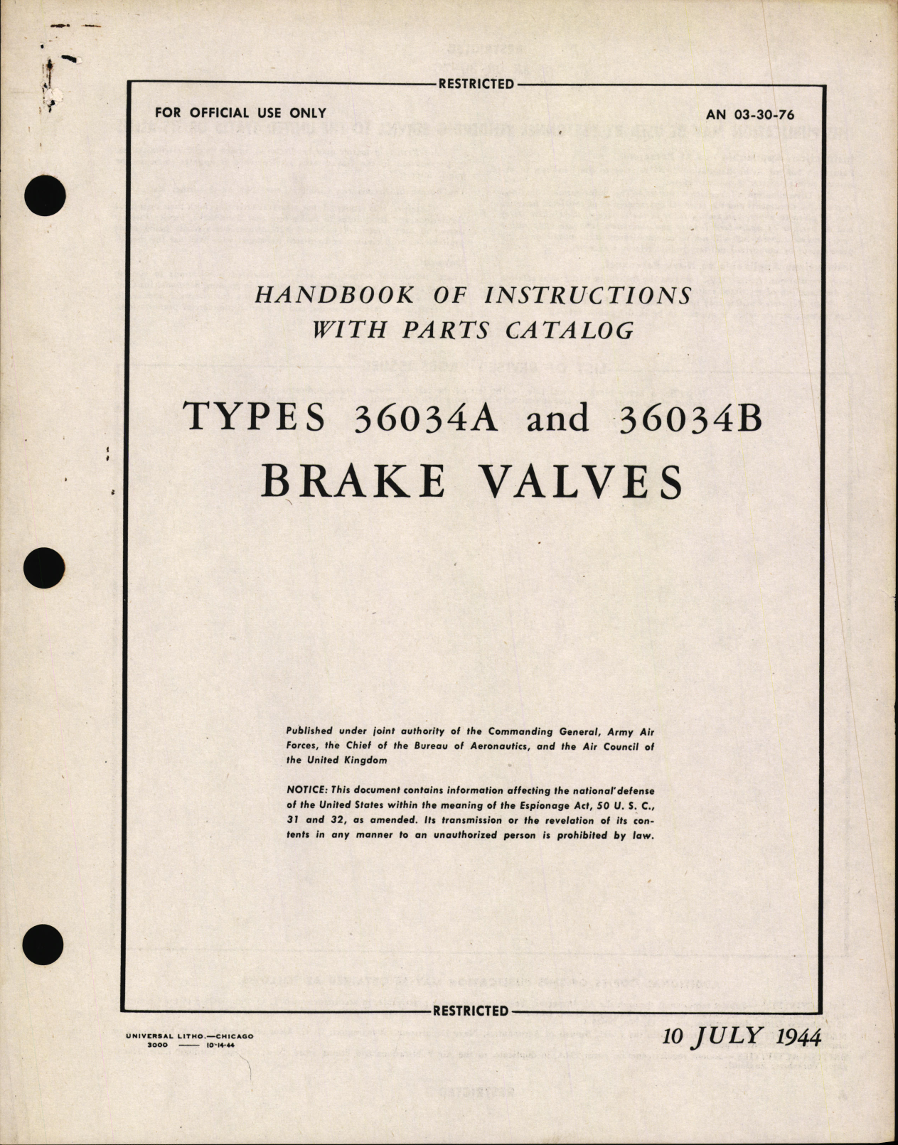 Sample page 1 from AirCorps Library document: Handbook of Instructions with Parts Catalog for Type 36034A and 36034B Brake Valves