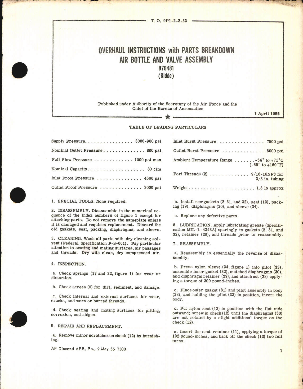 Sample page 1 from AirCorps Library document: Overhaul Instructions with Parts Breakdown for Air Bottle and Valve Assembly 870481