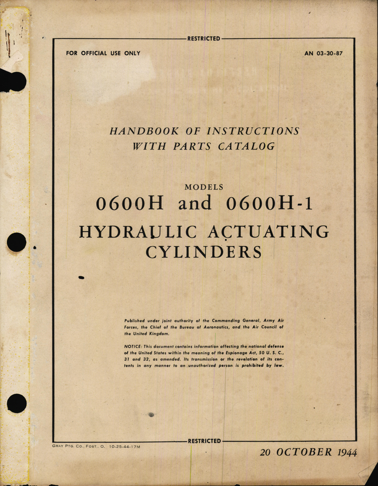 Sample page 1 from AirCorps Library document: Handbook of Instructions with Parts Catalog for Models 0600H and 0600H-1 Hydraulic Actuating Cylinders