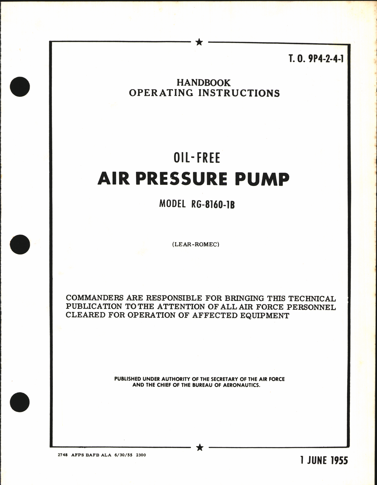 Sample page 1 from AirCorps Library document: Handbook of Operating Instructions for Oil-Free Air Pressure Pump Model RG-8160-1B