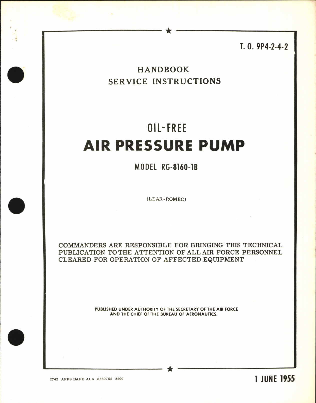 Sample page 1 from AirCorps Library document: Handbook of Service Instructions for Oil-Free Air Pressure Pump Model RG-8160-1B
