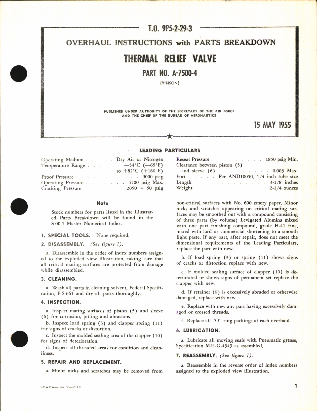 Sample page 1 from AirCorps Library document: Overhaul Instructions with Parts breakdown for Thermal Relief Valve Part No. A-7500-4