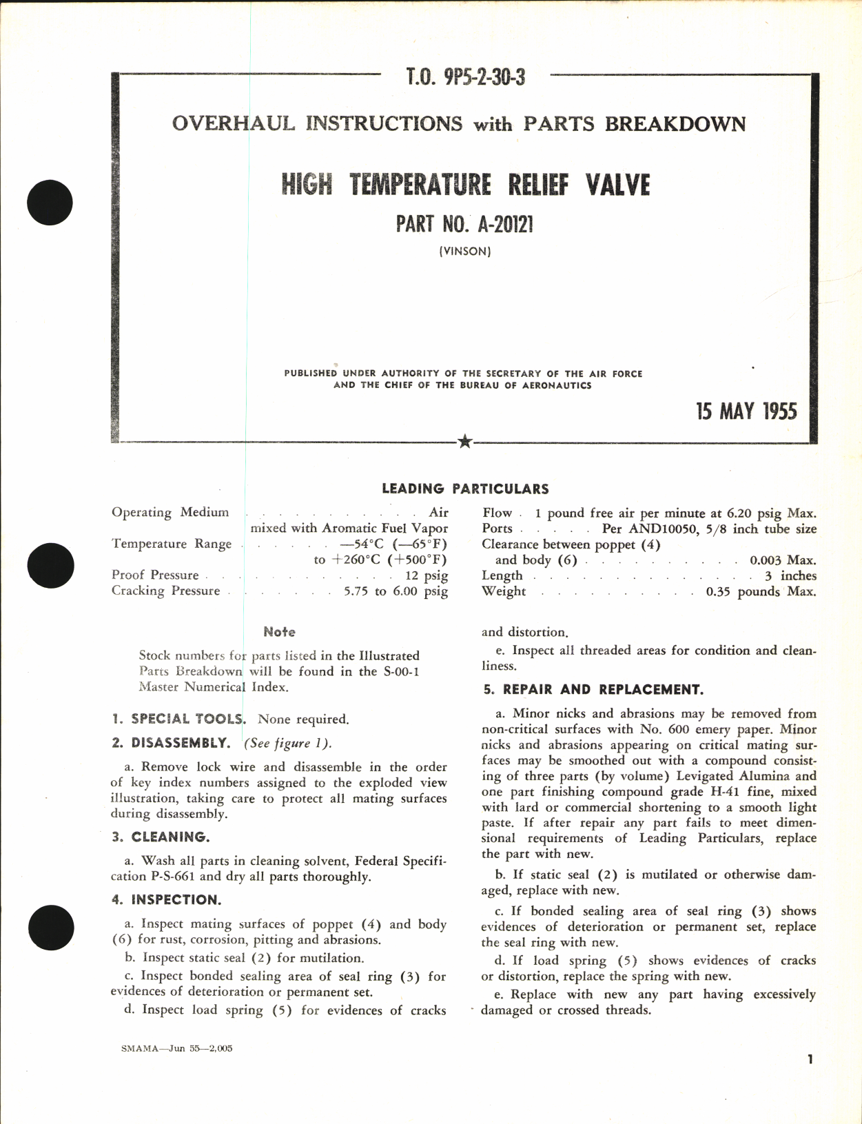 Sample page 1 from AirCorps Library document: Overhaul Instructions with Parts Breakdown for High Temperature Relief Valve Part No. A-20121