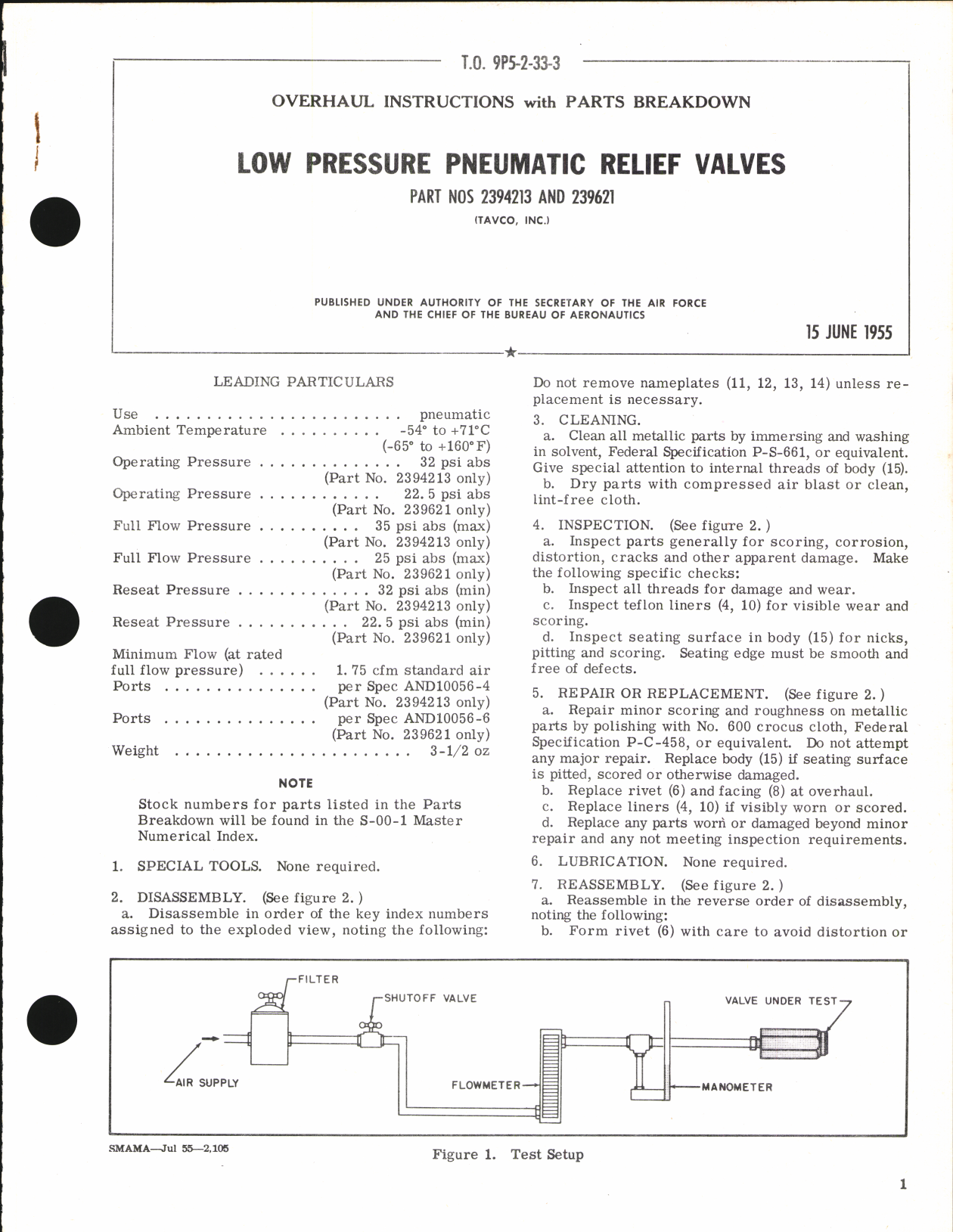 Sample page 1 from AirCorps Library document: Overhaul Instructions with Parts Breakdown for Low Pressure Pneumatic Relief Valves Part No. 2394213, 239621