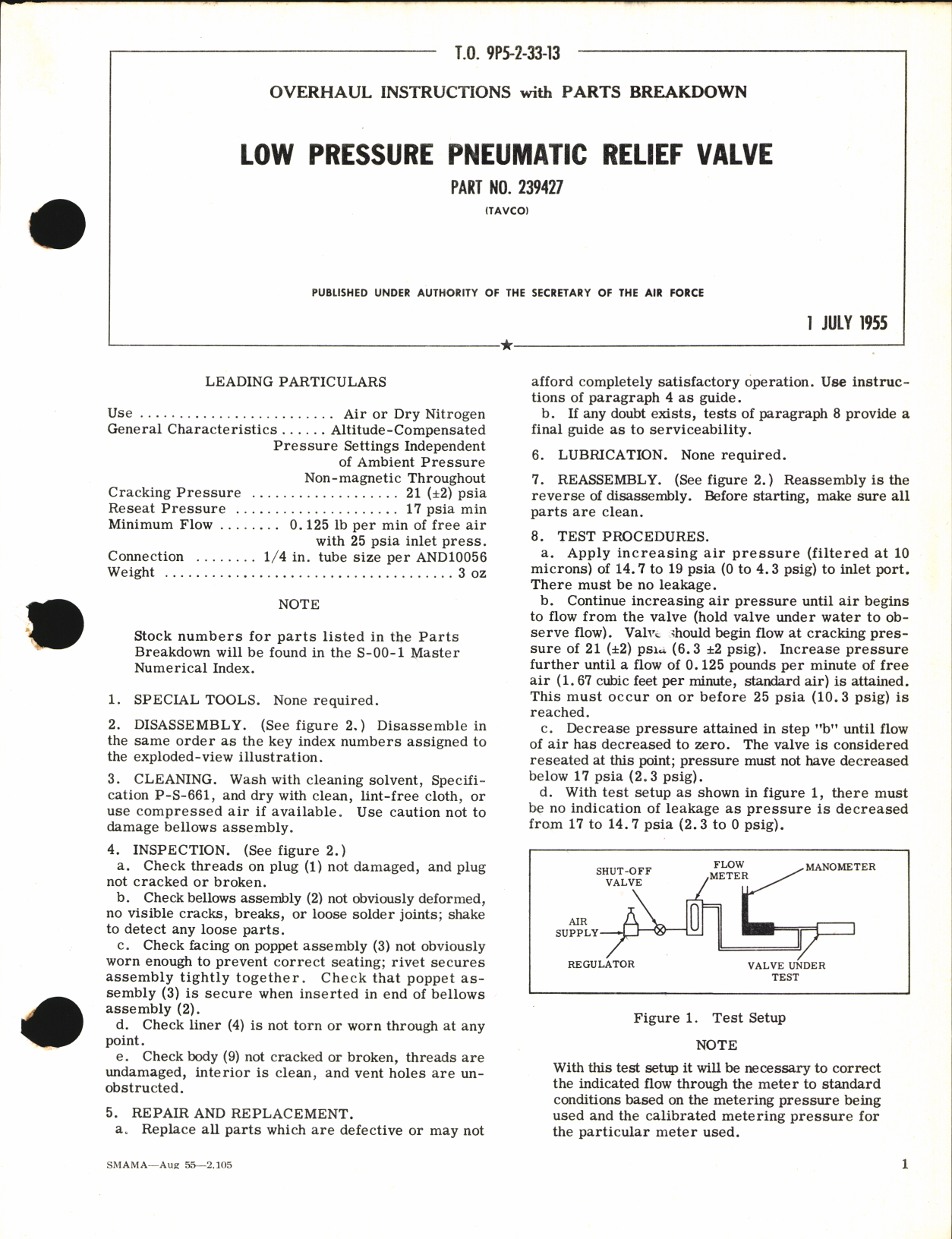 Sample page 1 from AirCorps Library document: Overhaul Instructions with Parts Breakdown for Low Pressure Pneumatic relief Valve Part No. 239427