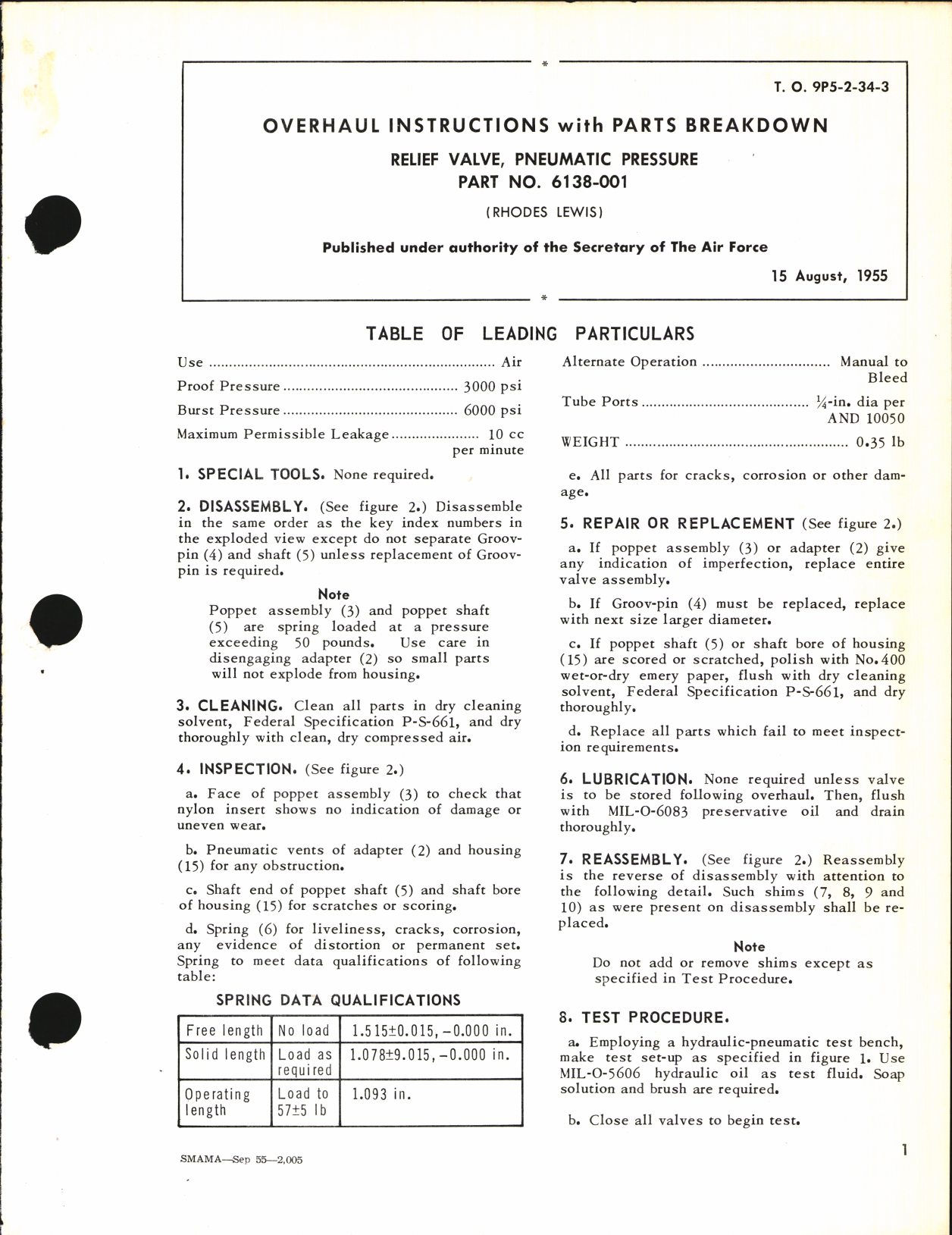 Sample page 1 from AirCorps Library document: Overhaul Instructions with Parts Breakdown for Relief Valve, Pneumatic Pressure Part No. 6138-001
