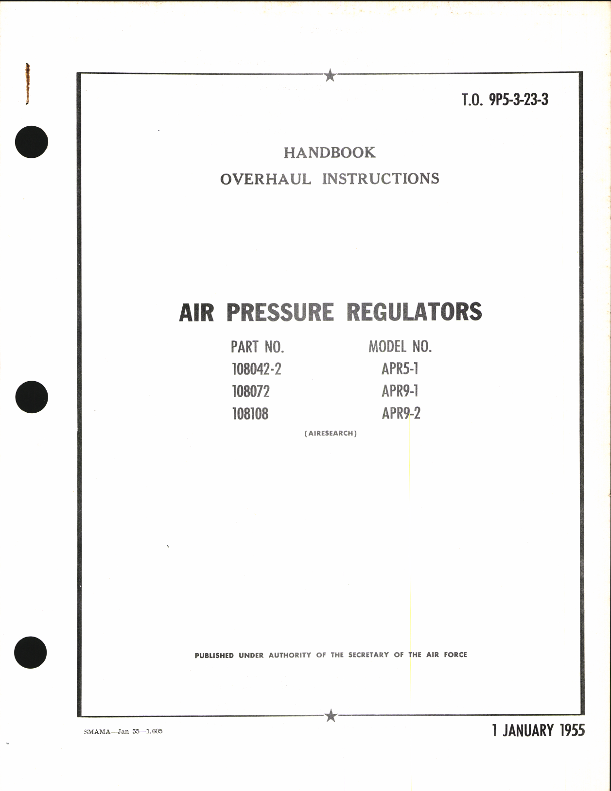 Sample page 1 from AirCorps Library document: Handbook of Overhaul Instructions for Air Pressure Regulators 