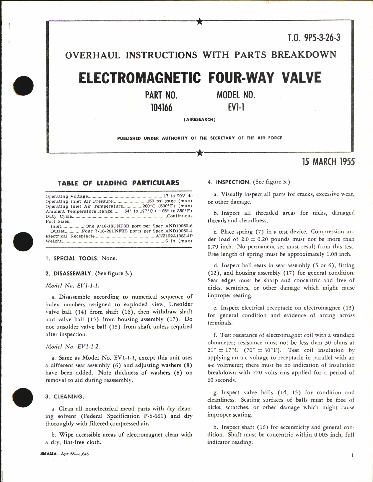 Sample page 1 from AirCorps Library document: Overhaul Instructions with Parts Breakdown for Electro Magnetic Four-Way Valve Part no. 104166, Model No. EV1-1