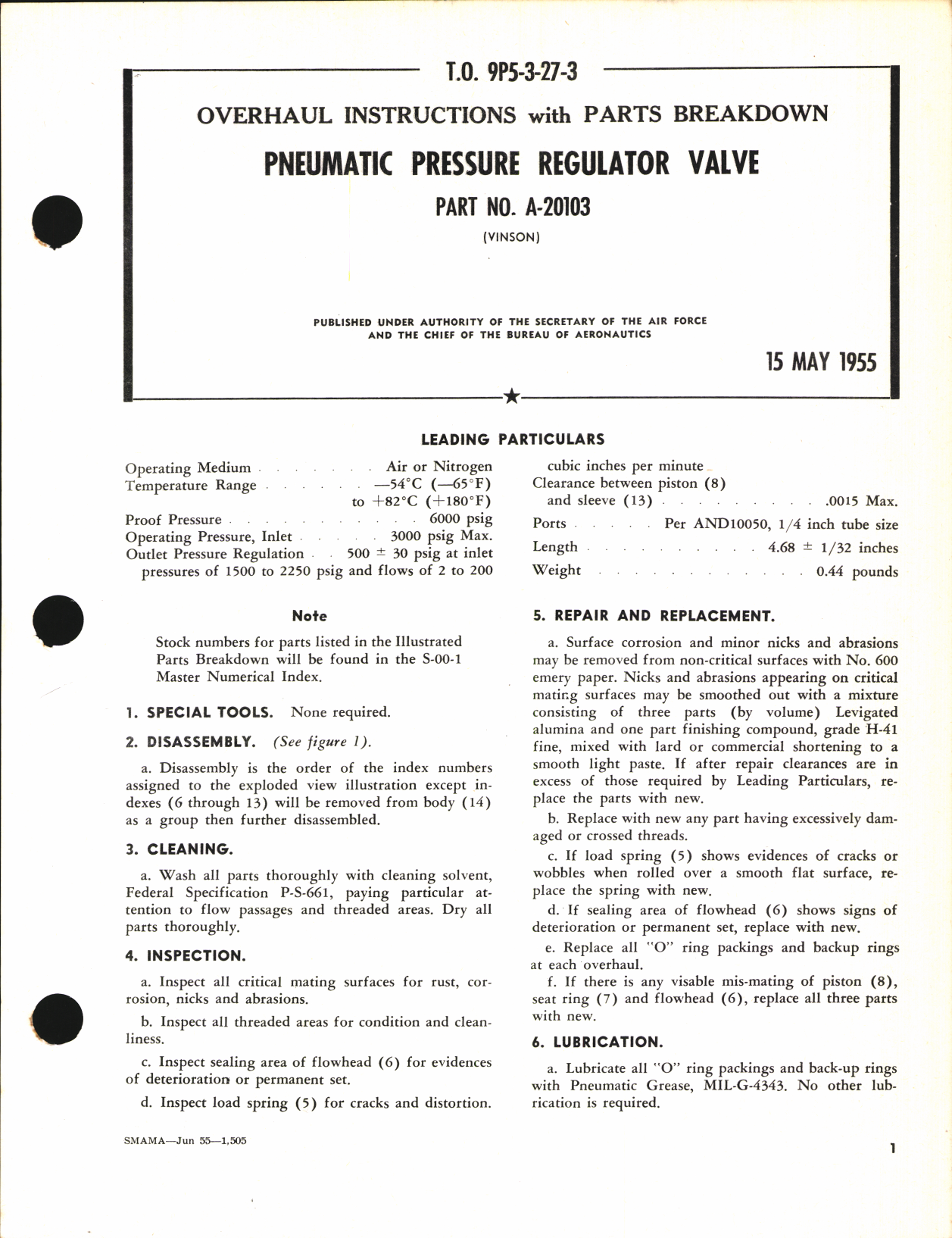 Sample page 1 from AirCorps Library document: Overhaul Instructions with Parts Breakdown for Pneumatic Pressure Regulator Valve Part No. A-20103 