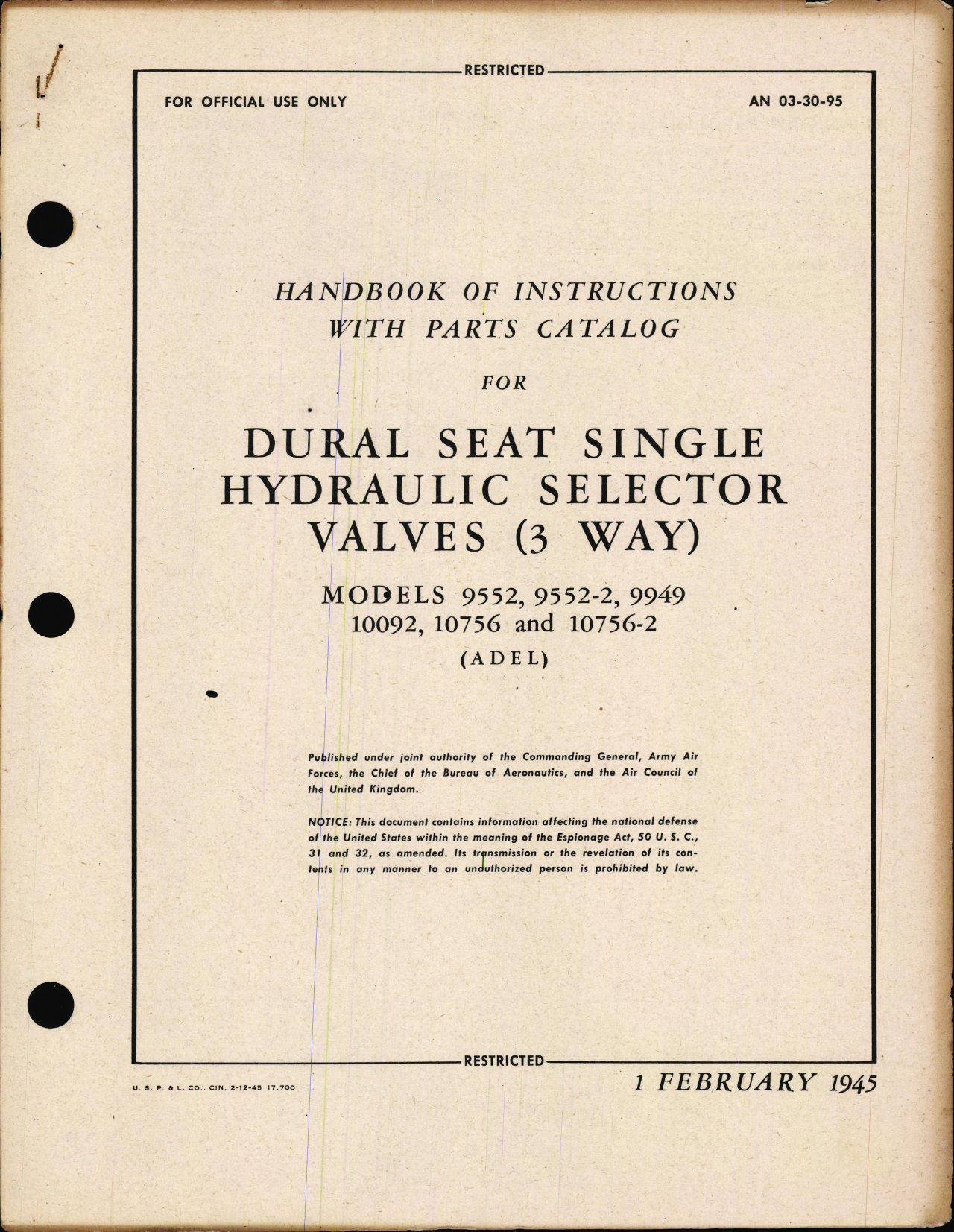 Sample page 1 from AirCorps Library document: Handbook of Instructions with Parts Catalog for Dural Seat Singly Hydraulic Selector Valves (3 Way)