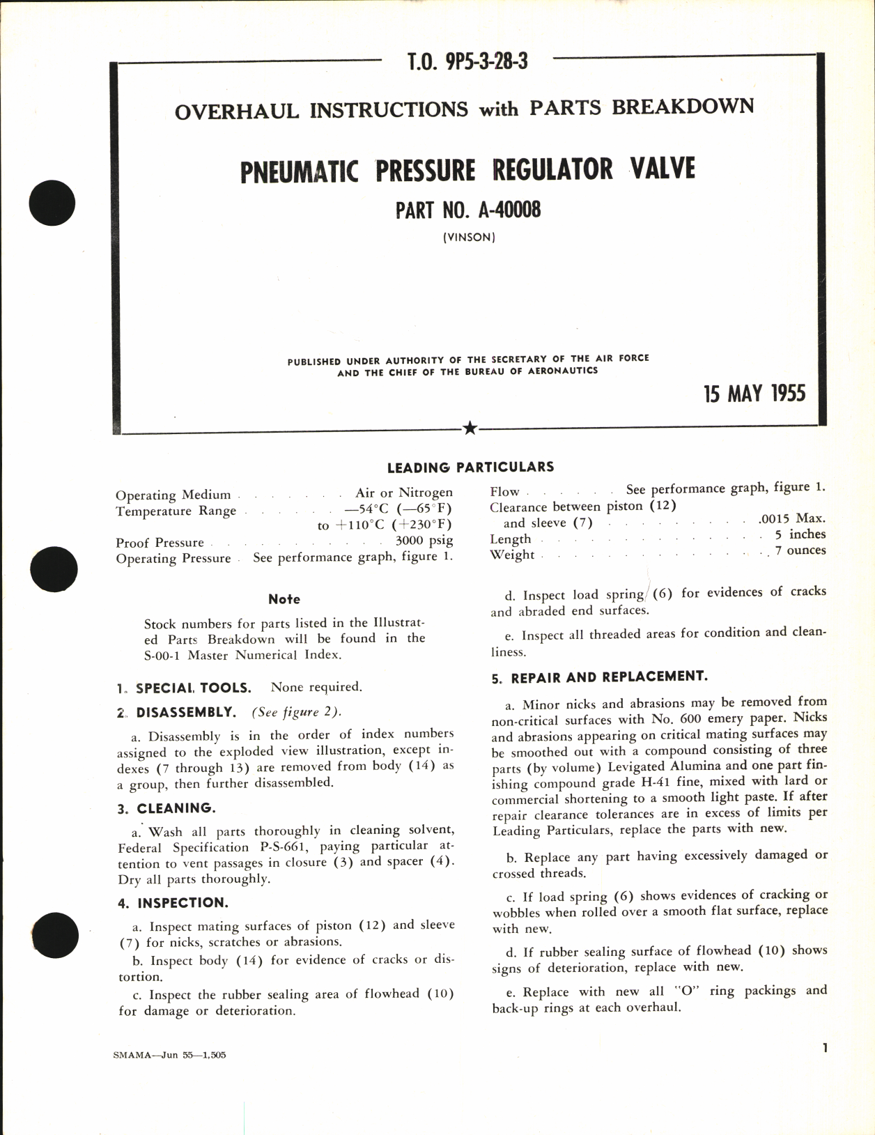 Sample page 1 from AirCorps Library document: Overhaul Instructions with Parts Breakdown for Pneumatic Pressure Regulator Valve Part No. A-40008