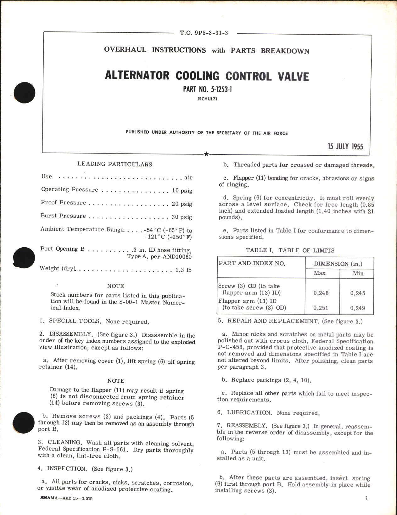 Sample page 1 from AirCorps Library document: Overhaul Instructions with Parts Breakdown for Alternator Cooling control Valve Part No. 5-1253-1