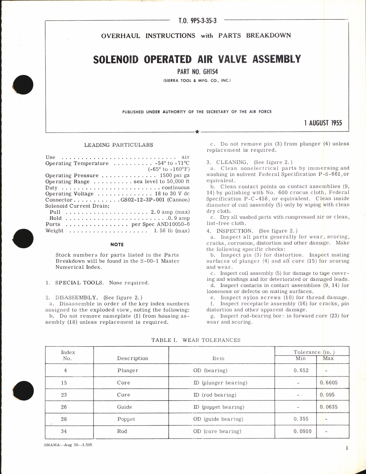 Sample page 1 from AirCorps Library document: Overhaul Instructions with Parts Breakdown for  Solenoid Operated Air Valve Assembly Part No. GH154 