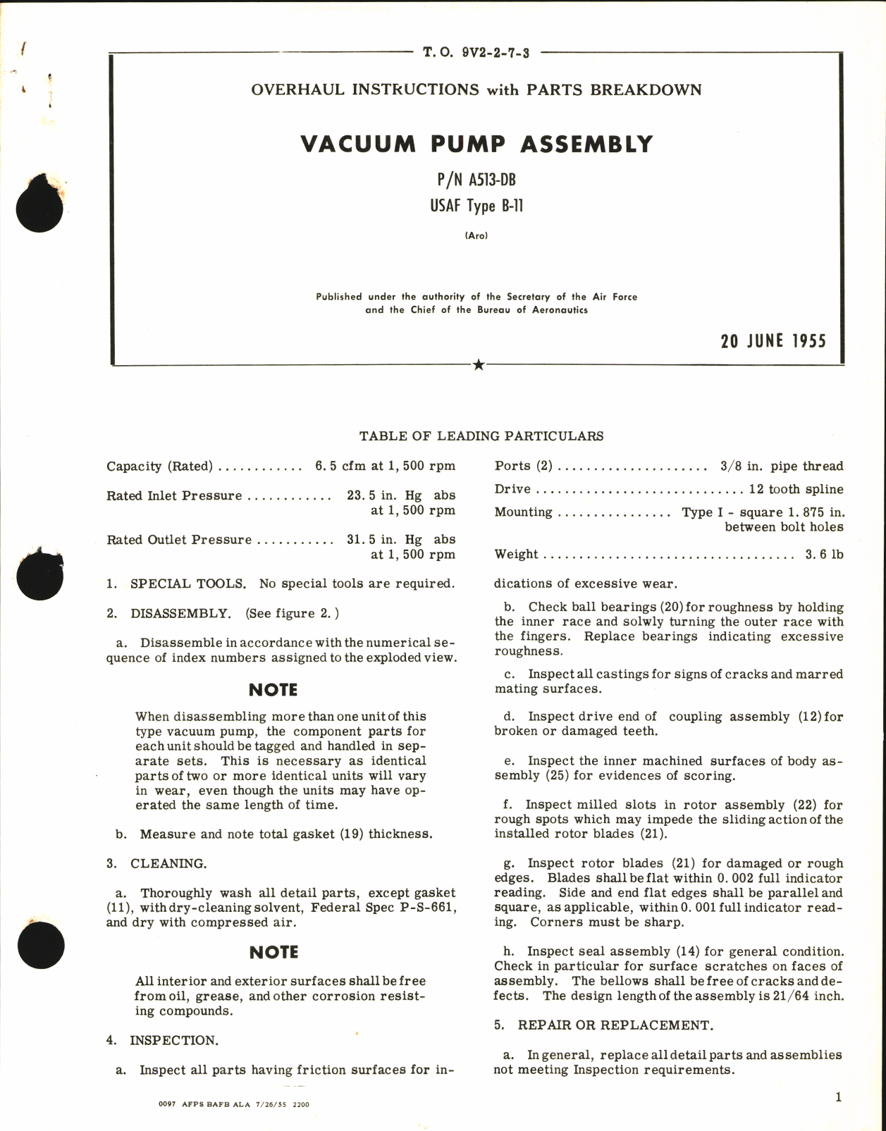 Sample page 1 from AirCorps Library document: Overhaul Instructions with Parts Breakdown for Vacuum Pump Assembly Part no. A513-DB USAF Type B-11