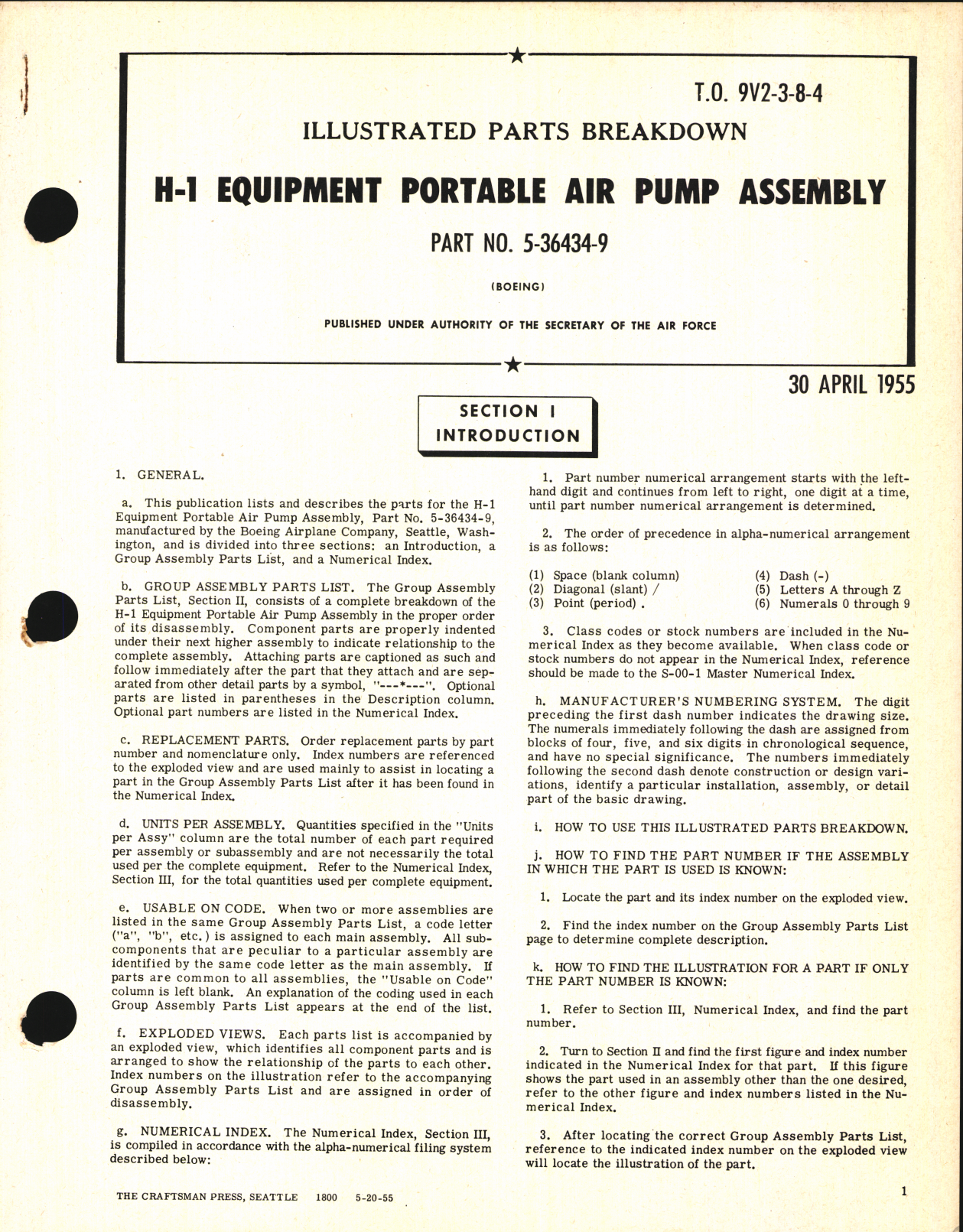 Sample page 1 from AirCorps Library document: Illustrated Parts Breakdown for H-1 Equipment Portable Air Pump Assembly Part No. 5-36434-9