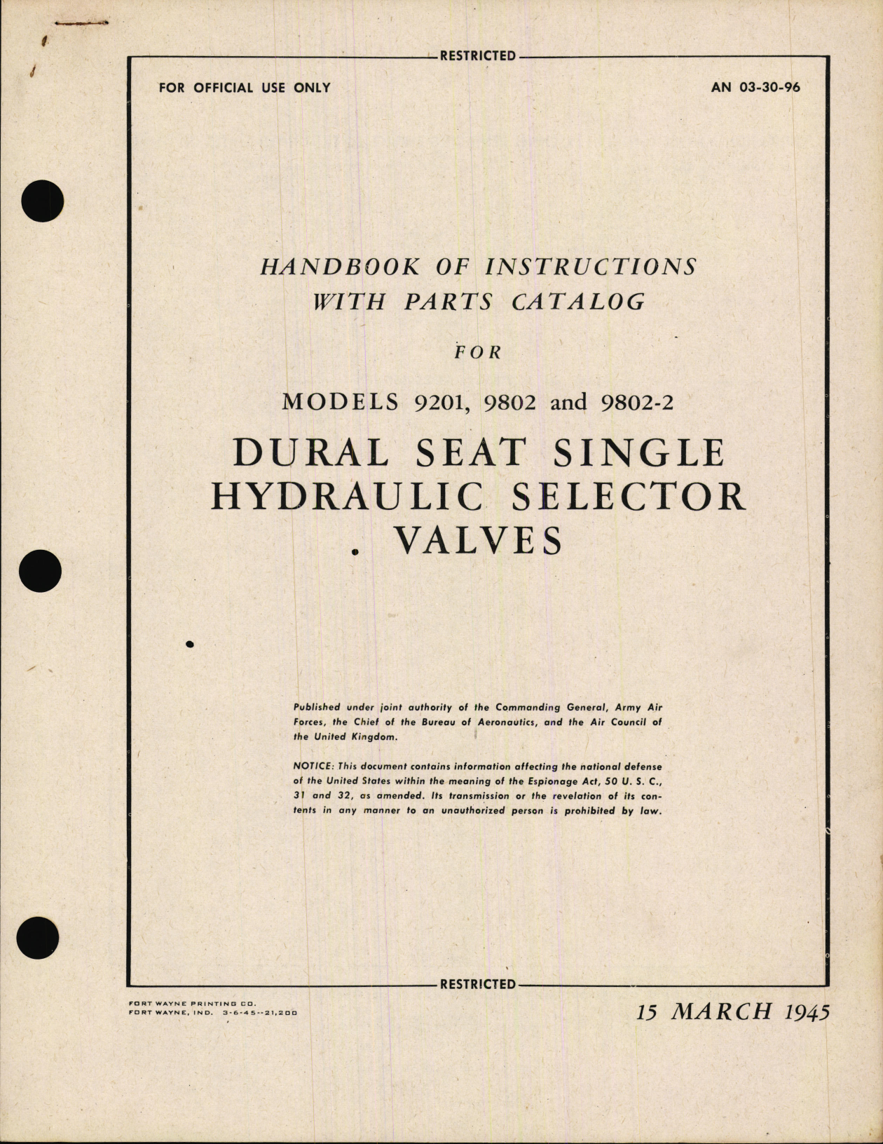 Sample page 1 from AirCorps Library document: Handbook of Instructions with Parts Catalog for Dural Seat Single Hydraulic Selector Valves