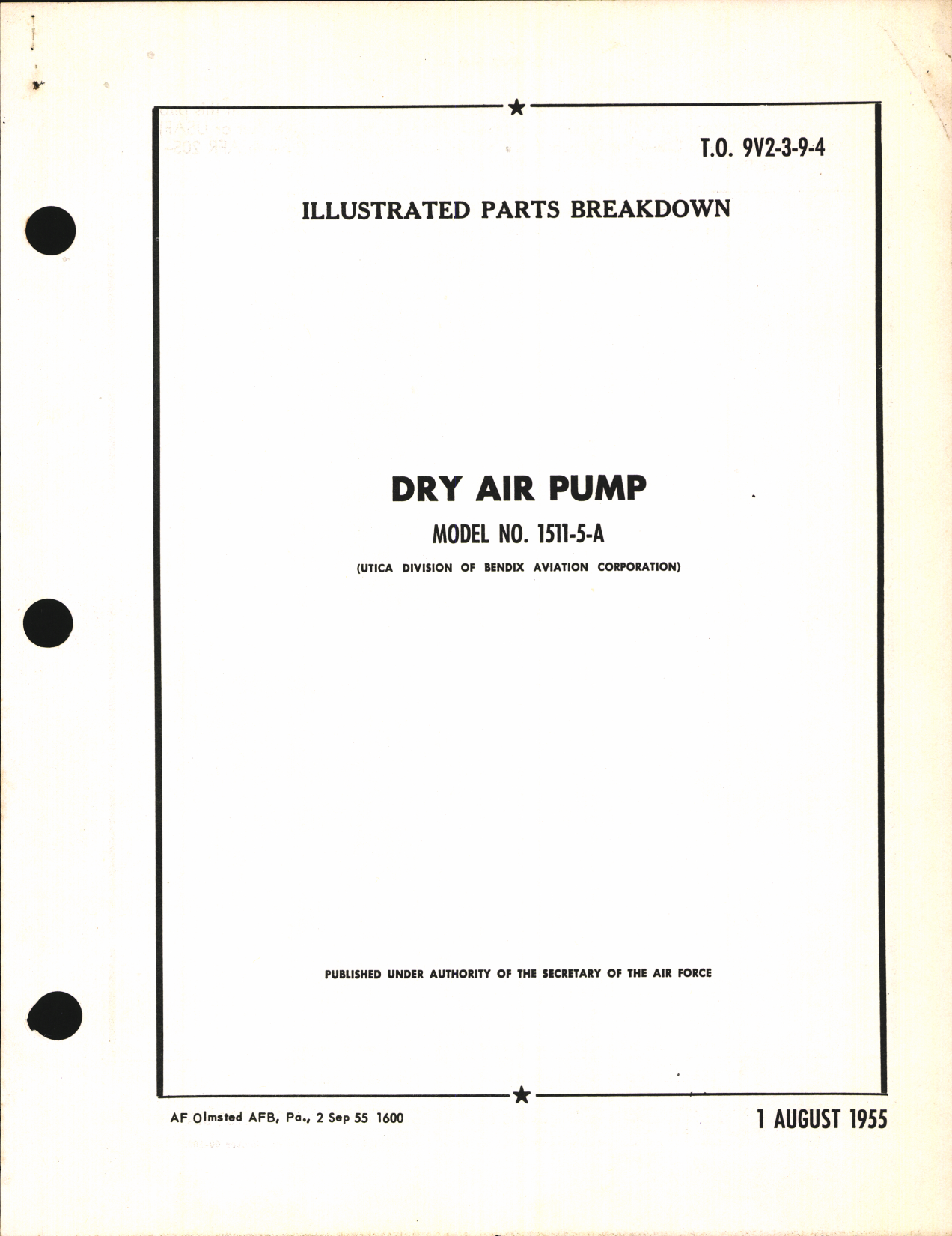 Sample page 1 from AirCorps Library document: Illustrated Parts Breakdown for Dry Air Pump Model No. 1511-5-A