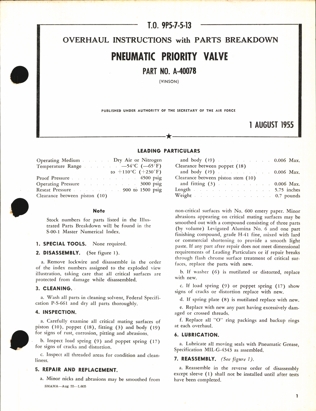 Sample page 1 from AirCorps Library document: Overhaul Instructions with Parts Breakdown for Pneumatic Priority Valve Part No. A-40078