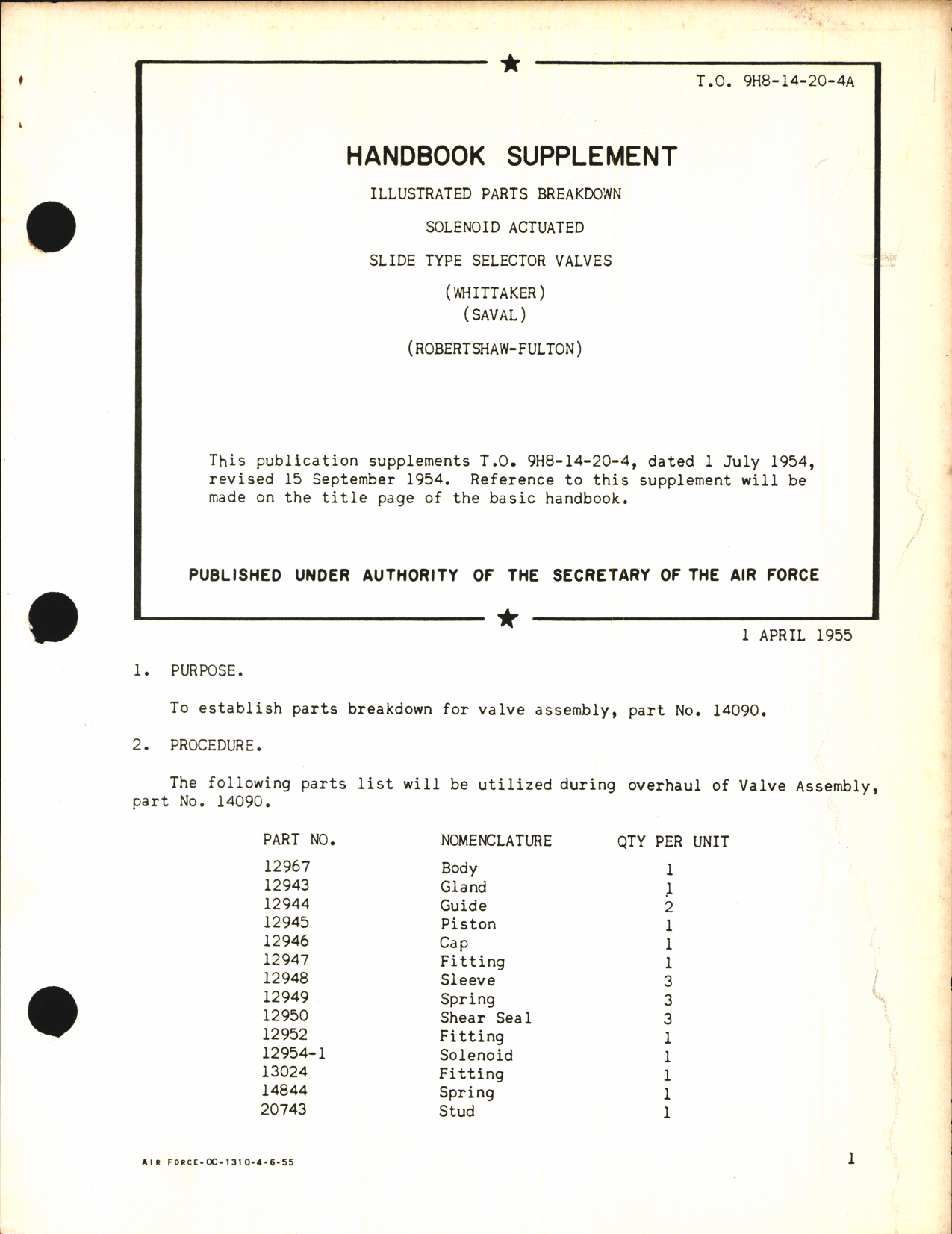 Sample page 1 from AirCorps Library document: Handbook Supplement of Illustrated Parts Breakdown for Solenoid Actuated Slide type Selector Valves 