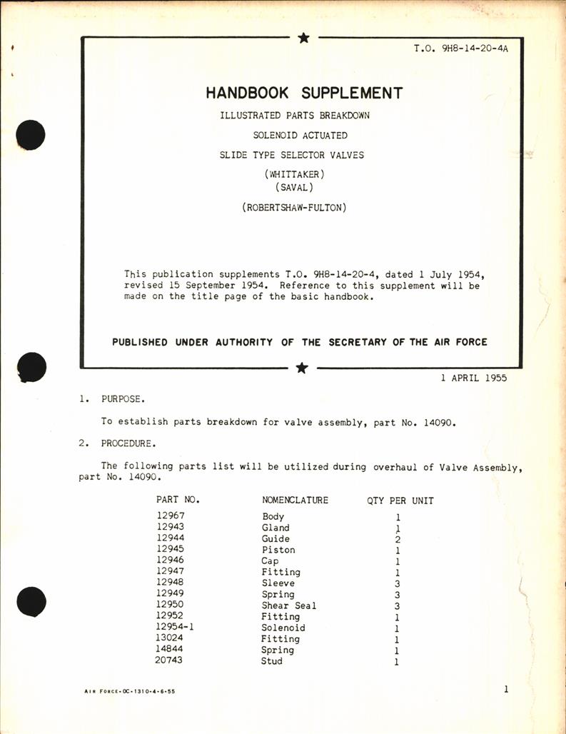 Handbook Supplement of Illustrated Parts Breakdown for Solenoid