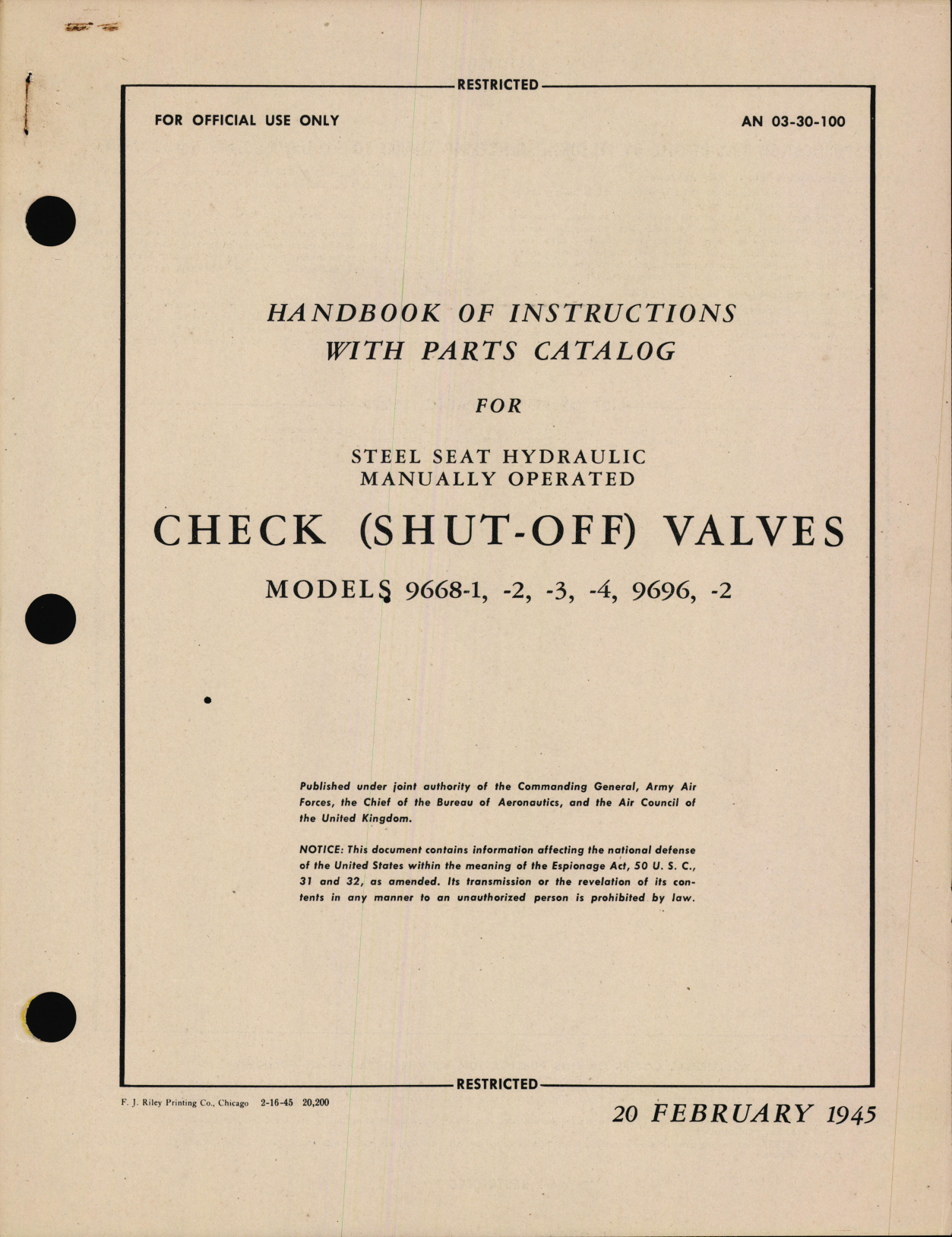 Sample page 1 from AirCorps Library document: Handbook of Instructions with Parts Catalog for Steel Seat Hydraulic Manually Operated Check (Shut-Off) Valves 