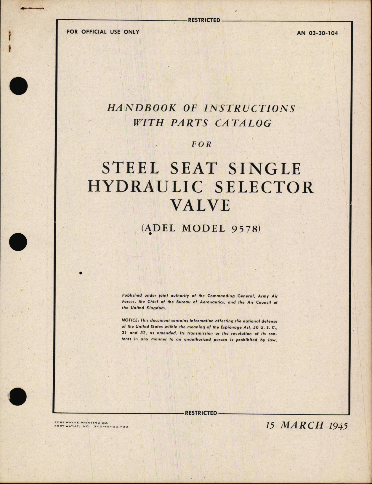 Sample page 1 from AirCorps Library document: Handbook of Instructions with Parts Catalog for Steel Seat Hydraulic Selector Valve Model 9578