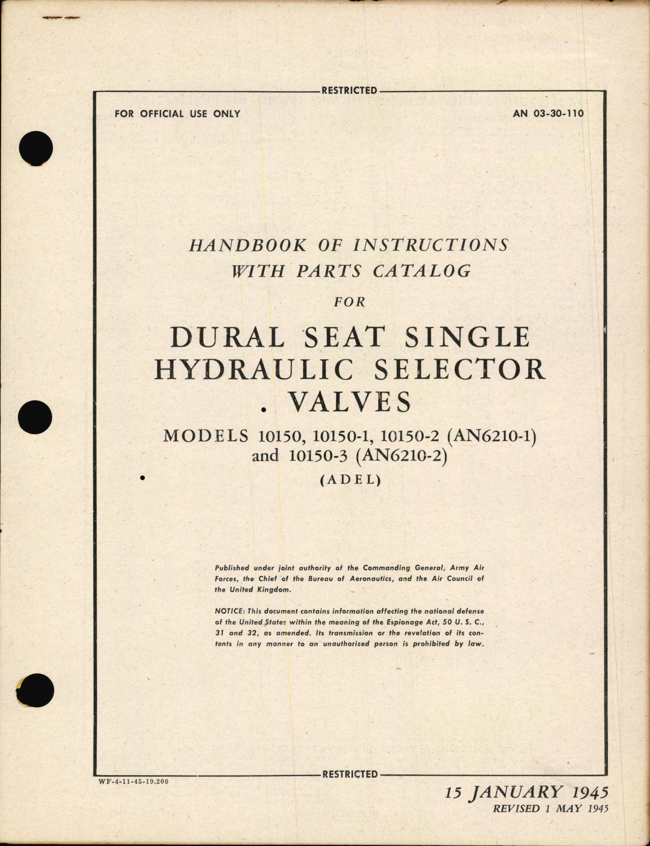 Sample page 1 from AirCorps Library document: Handbook of Instructions with Parts Catalog for Dural Seat Single Hydraulic Selector Valves
