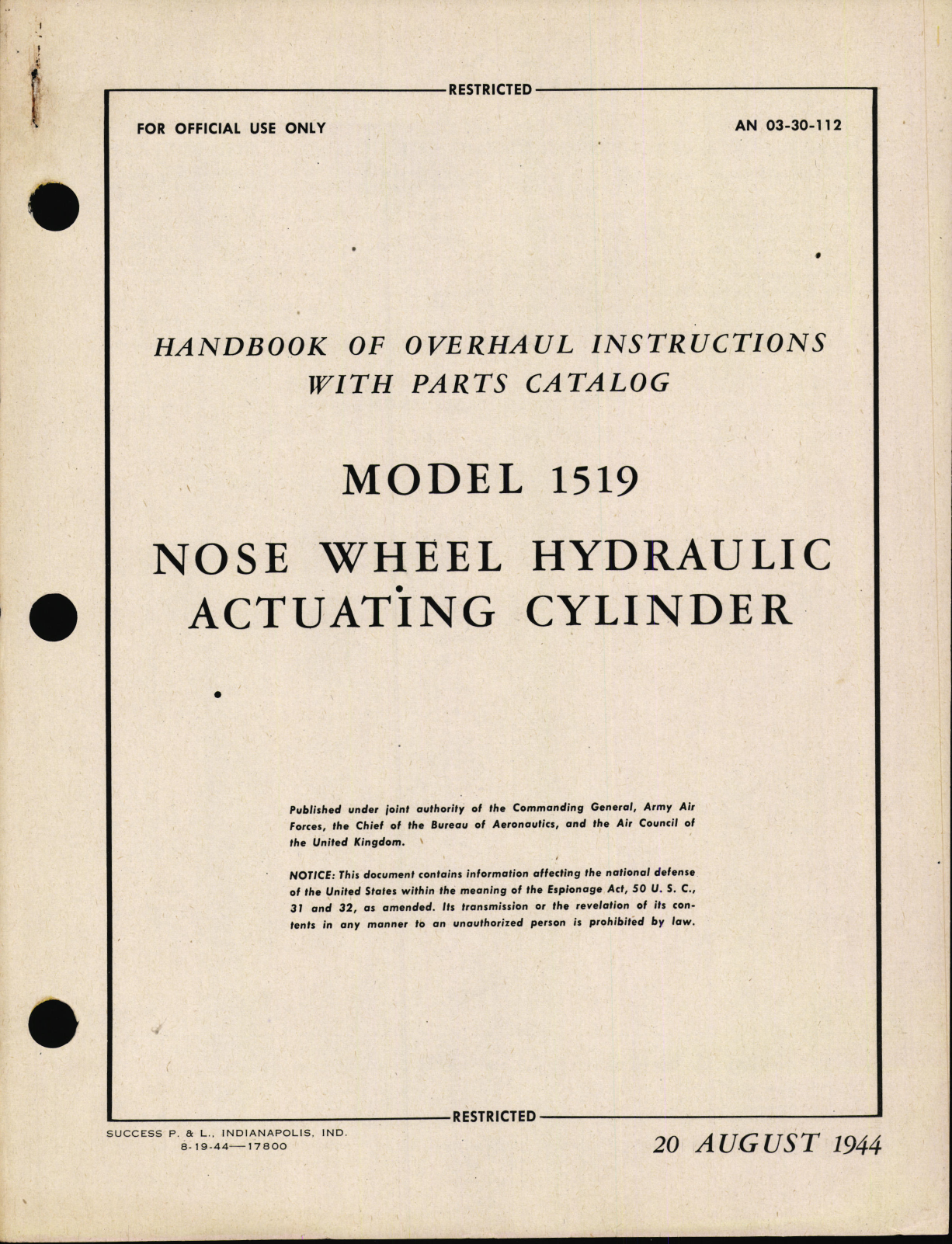 Sample page 1 from AirCorps Library document: Handbook of Instructions with Parts Catalog for Nose Wheel Hydraulic Actuating Cylinder