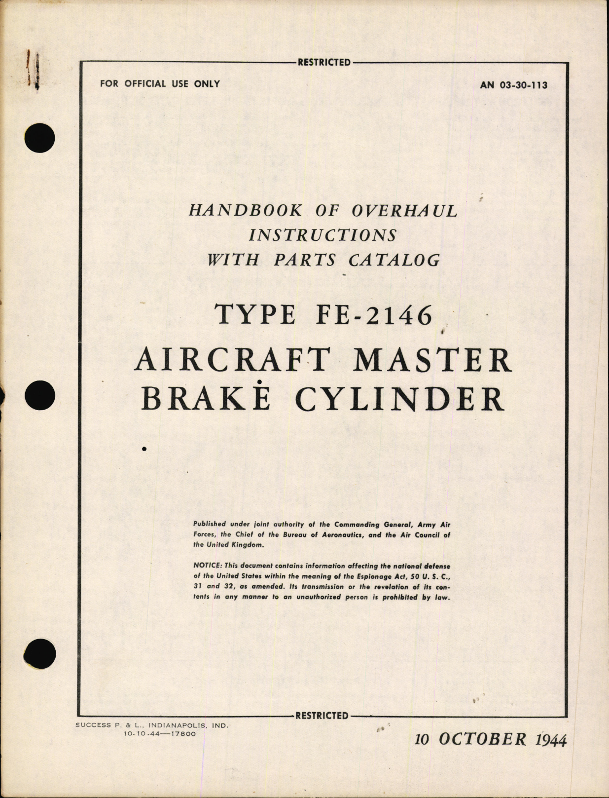 Sample page 1 from AirCorps Library document: Handbook of Overhaul Instructions with Parts Catalog Type FE-2146 Aircraft Master Brake Cylinder