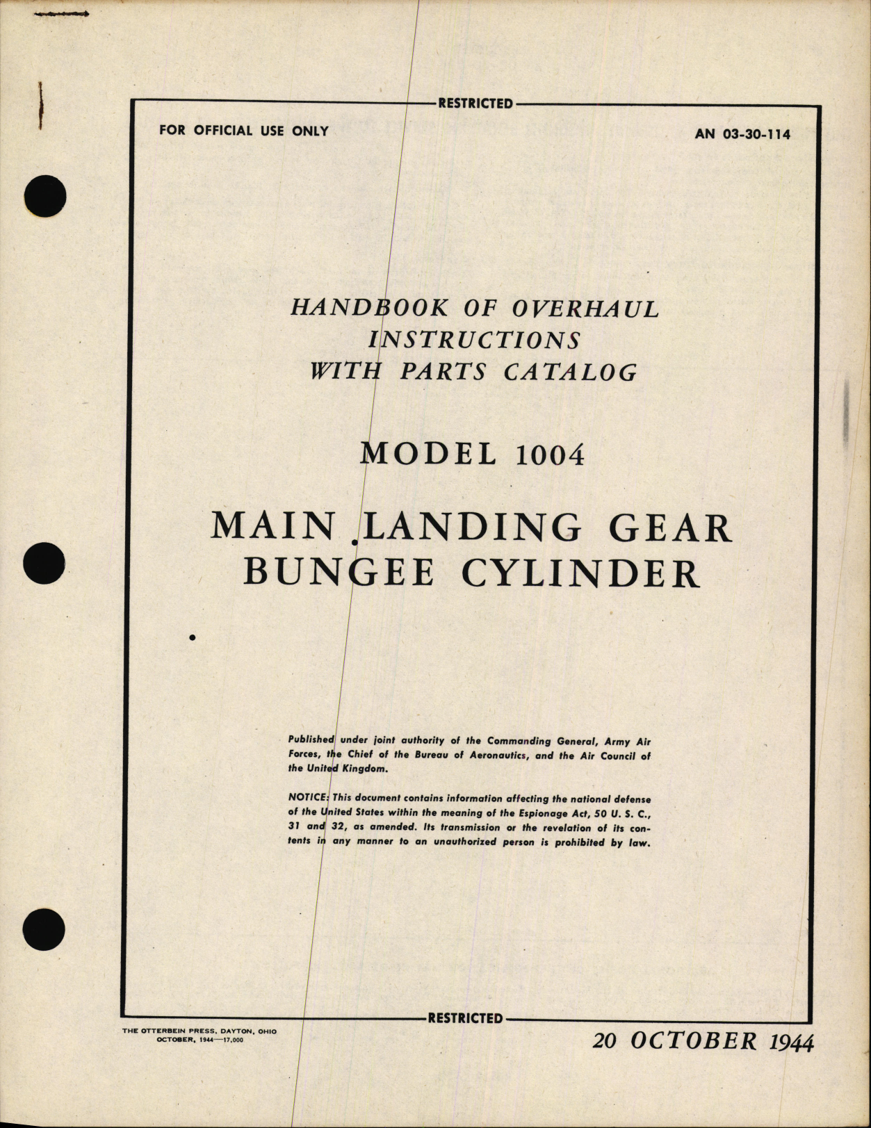 Sample page 1 from AirCorps Library document: Handbook of Overhaul Instructions with Parts Catalog Model 1004 Main Landing Gear Bungee Cylinder
