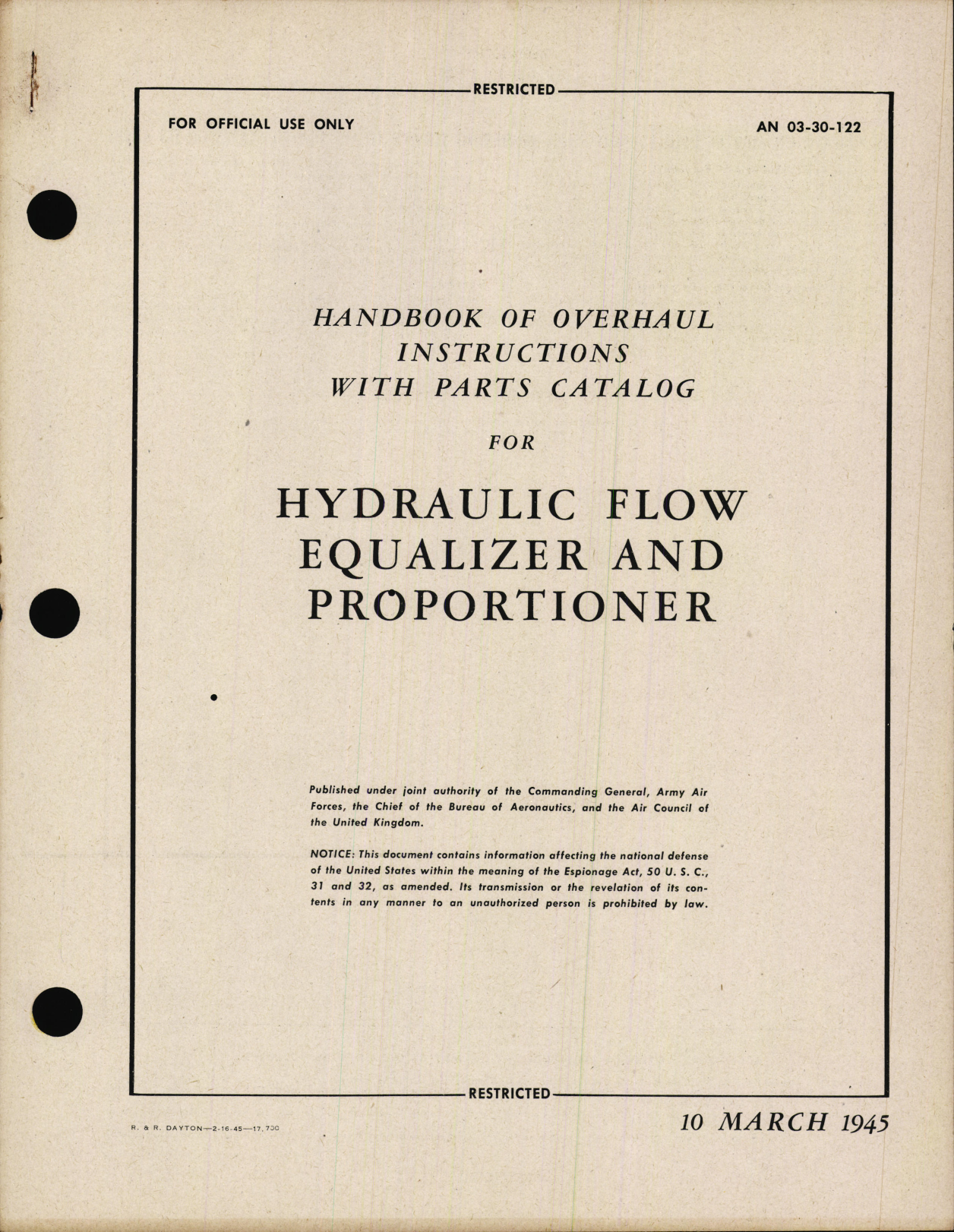 Sample page 1 from AirCorps Library document: Handbook of Overhaul Instructions with Parts Catalog for Hydraulic Flow Equalizer and Proportioner