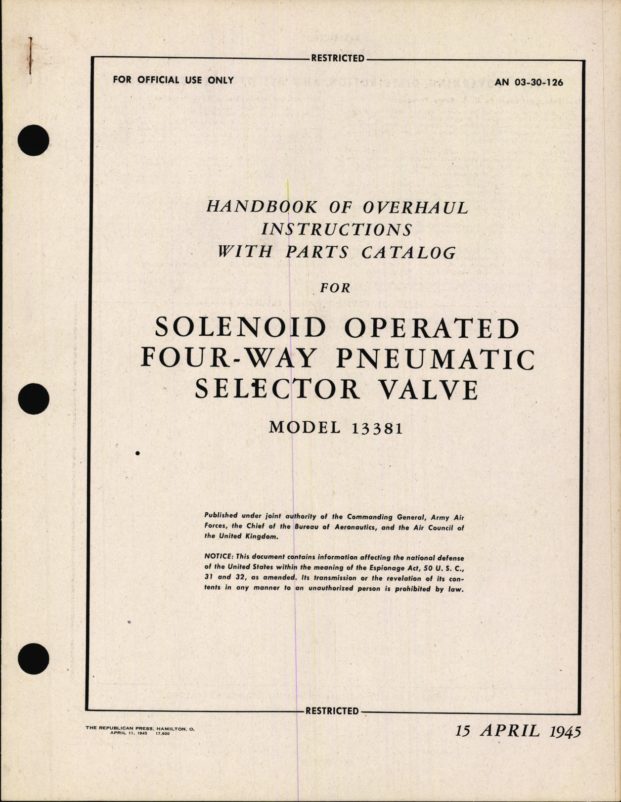 Sample page 1 from AirCorps Library document: Handbook of Overhaul Instructions with Parts Catalog for Solenoid Operated Four-Way Pneumatic Selector Valve 