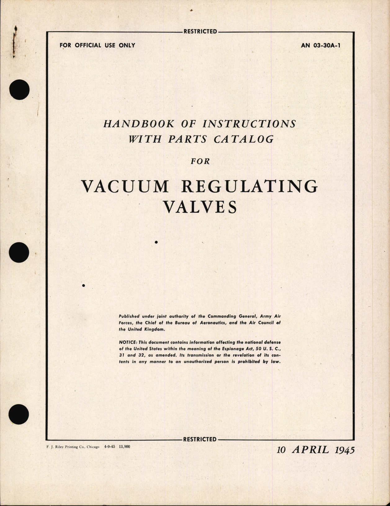 Sample page 1 from AirCorps Library document: Handbook of Instructions with Parts Catalog for Vacuum Regulating Valves