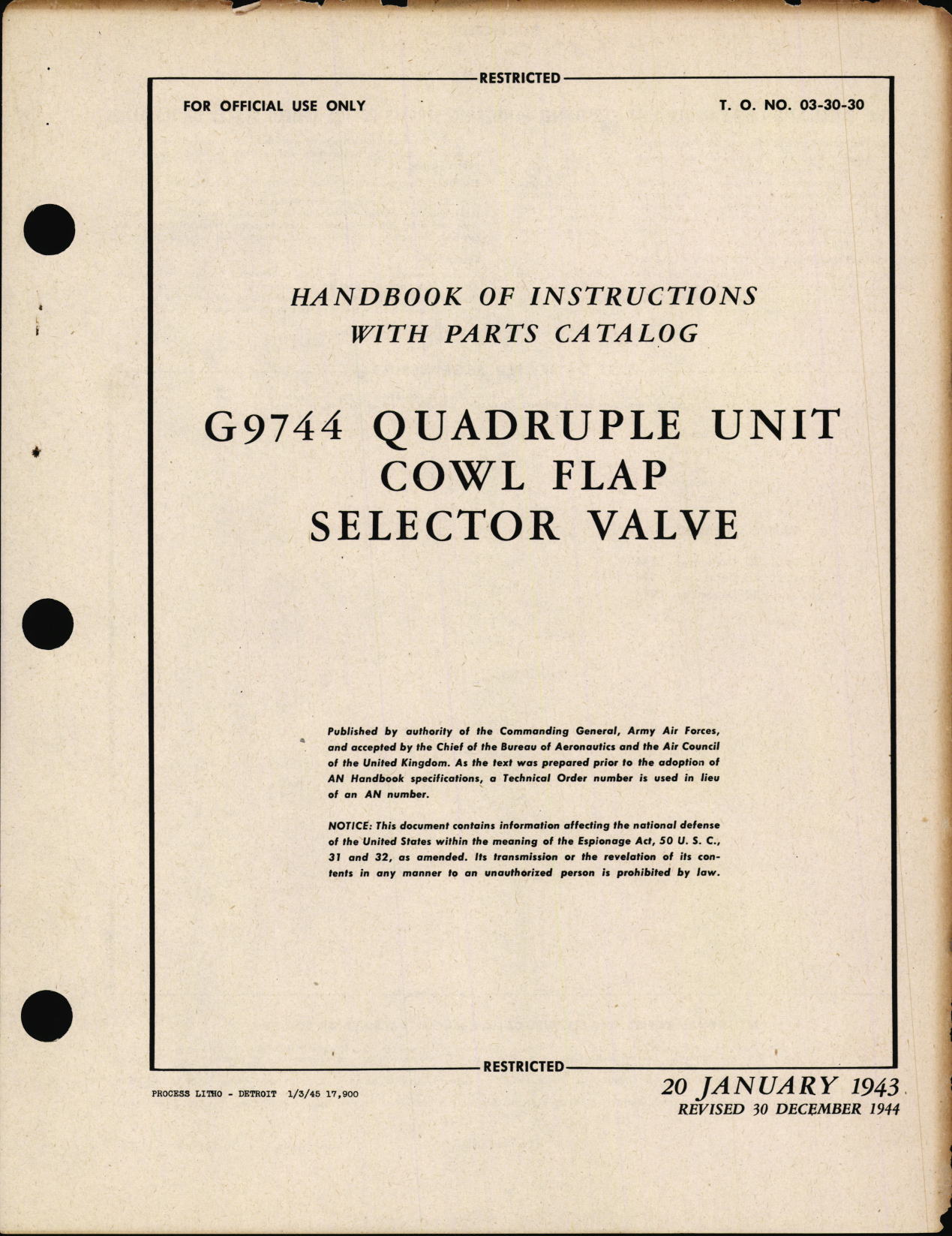 Sample page 1 from AirCorps Library document: Handbook of Instructions with Parts Catalog for G9744 Quadruple Unit Cowl Flap Selector Valve