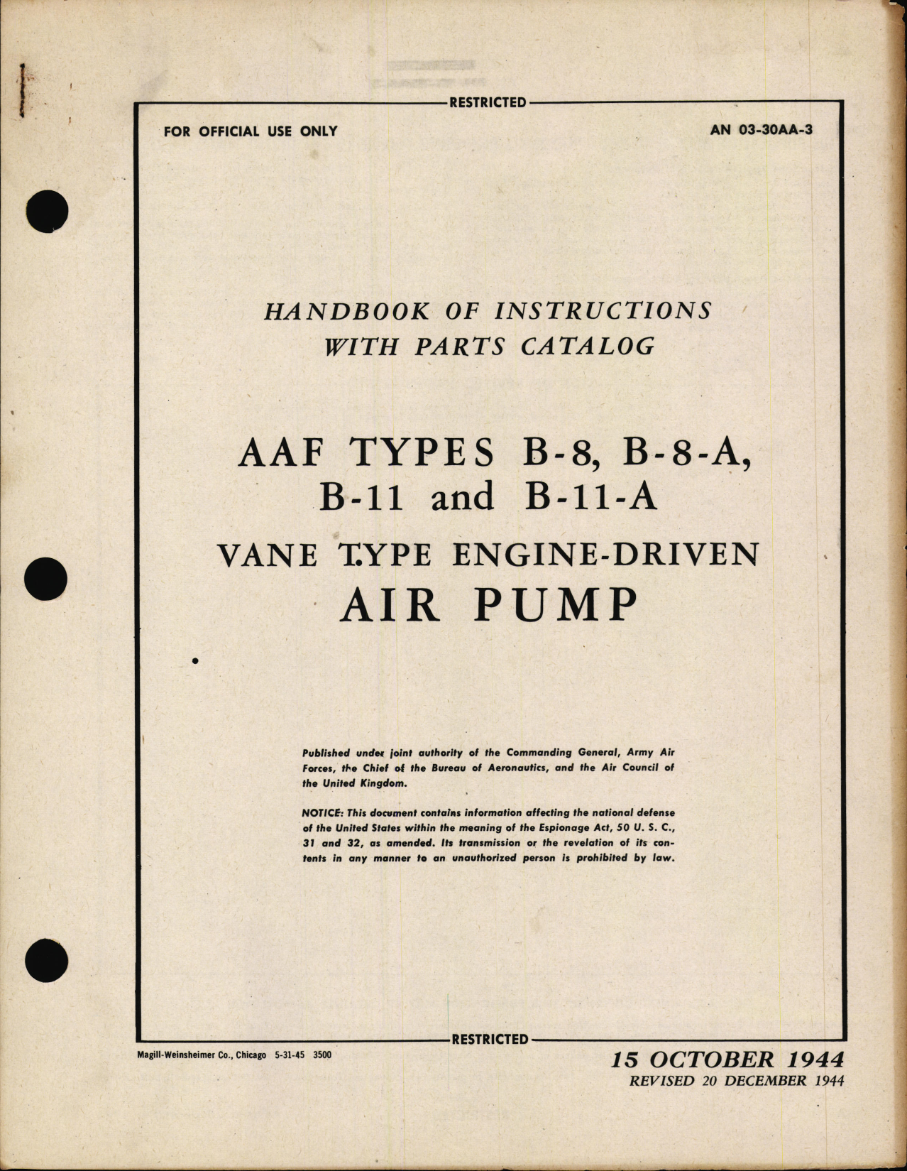 Sample page 1 from AirCorps Library document: Handbook of Instructions with Parts Catalog for Vane type Engine Driven Air Pump