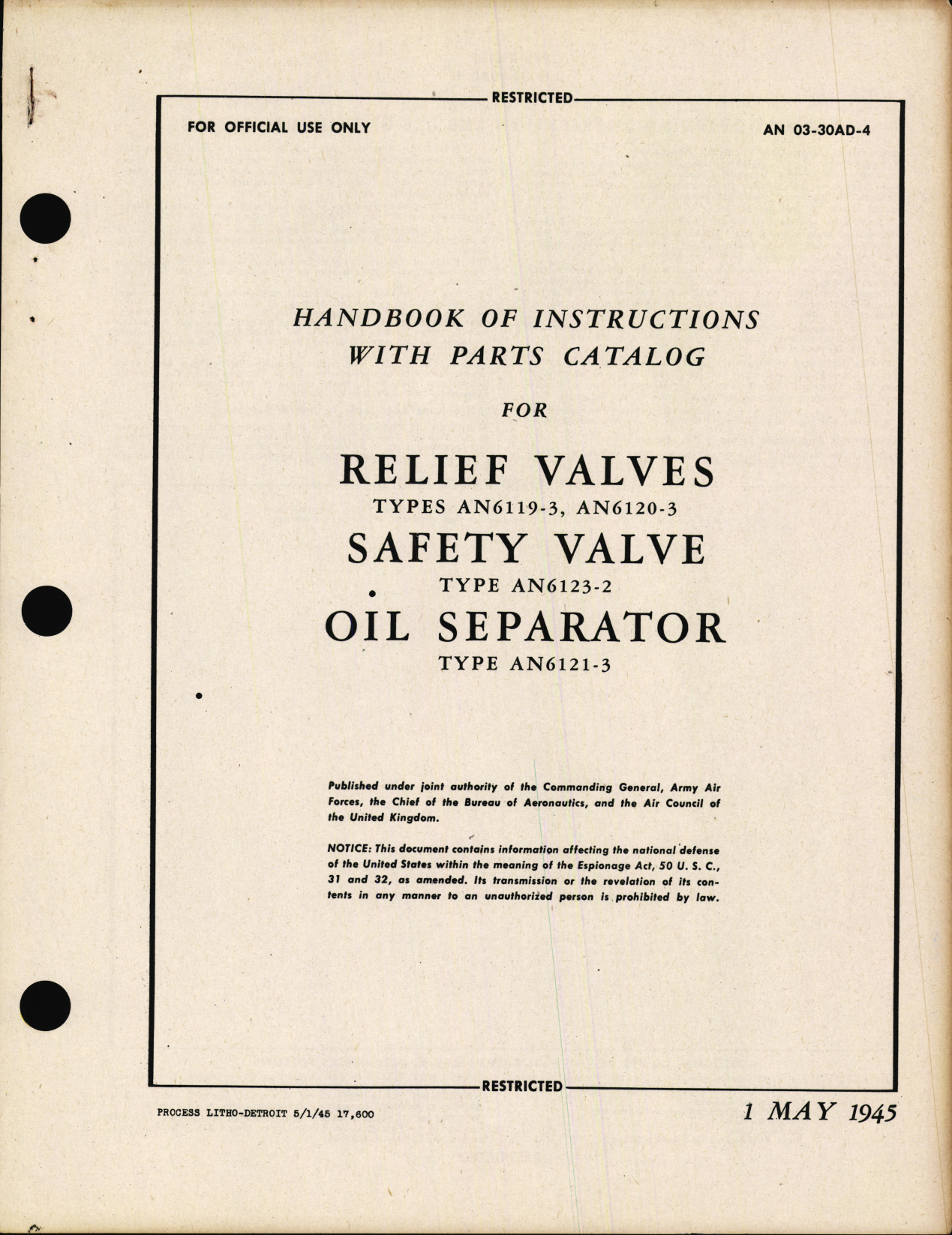 Sample page 1 from AirCorps Library document: Handbook of Instructions with Parts Catalog for Relief Valves, Safety Valve, and Oil Separator