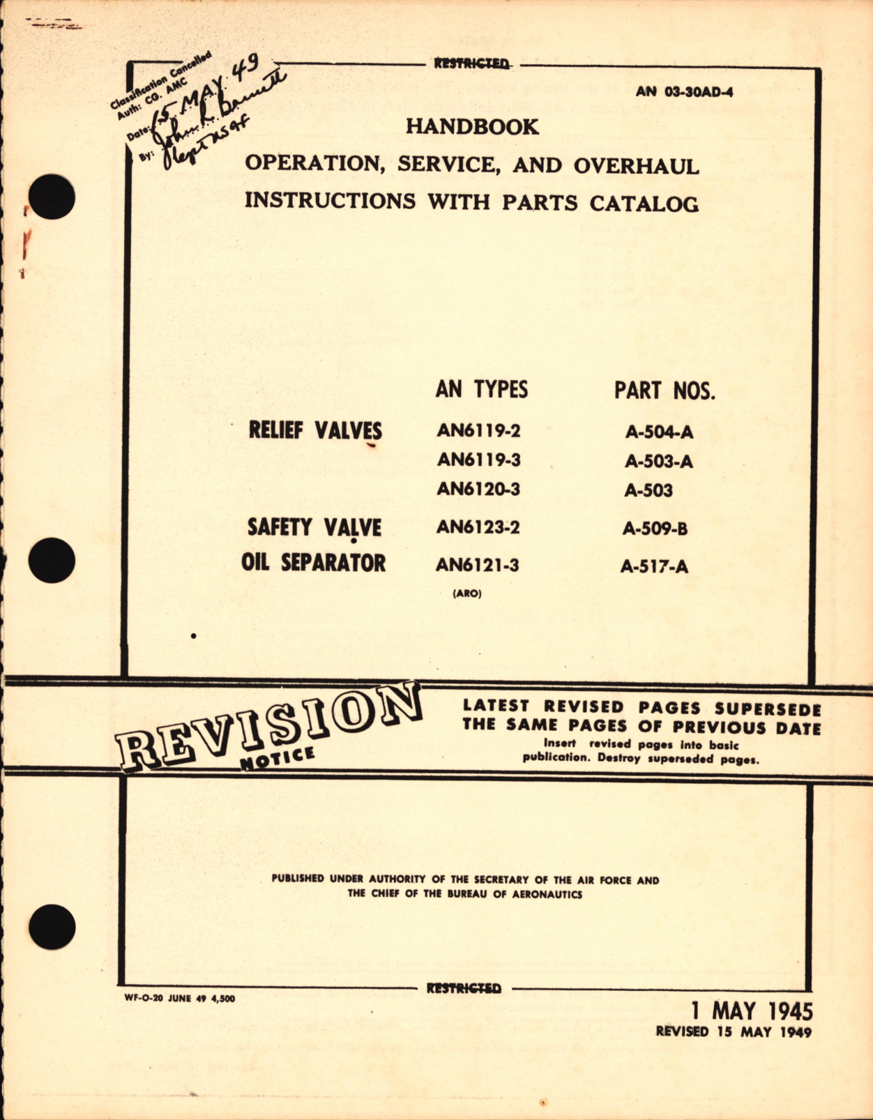Sample page 1 from AirCorps Library document: Handbook Operation, Service, and Overhaul Instructions with Parts Catalog for Relief Valves, Safety Valve and Oil Separator 