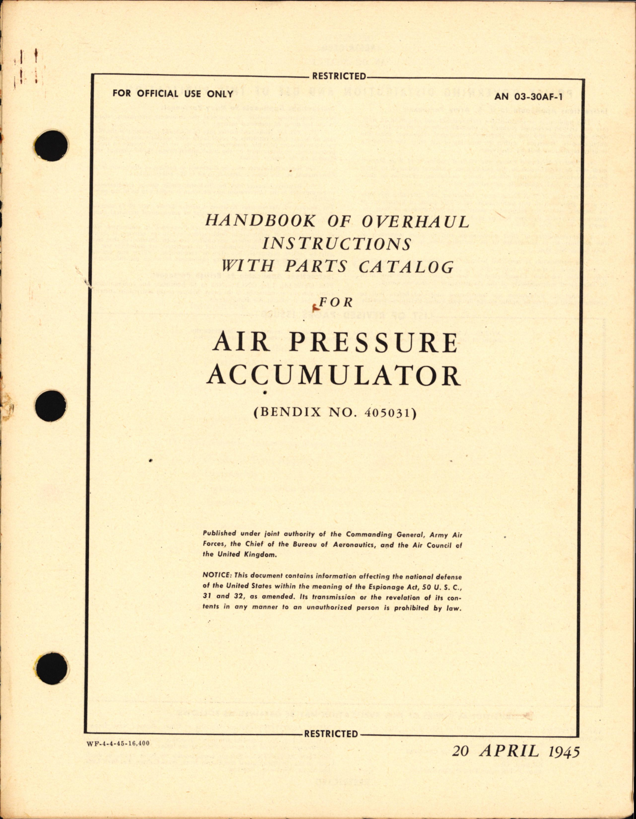 Sample page 1 from AirCorps Library document: Handbook of Overhaul Instructions with Parts Catalog for Air Pressure Accumulator NO. 405031