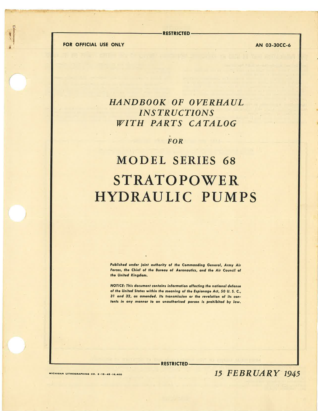 Sample page 1 from AirCorps Library document: Handbook of Overhaul Instructions with Parts Catalog for Model Series 68 Stratopower Hydraulic Pumps