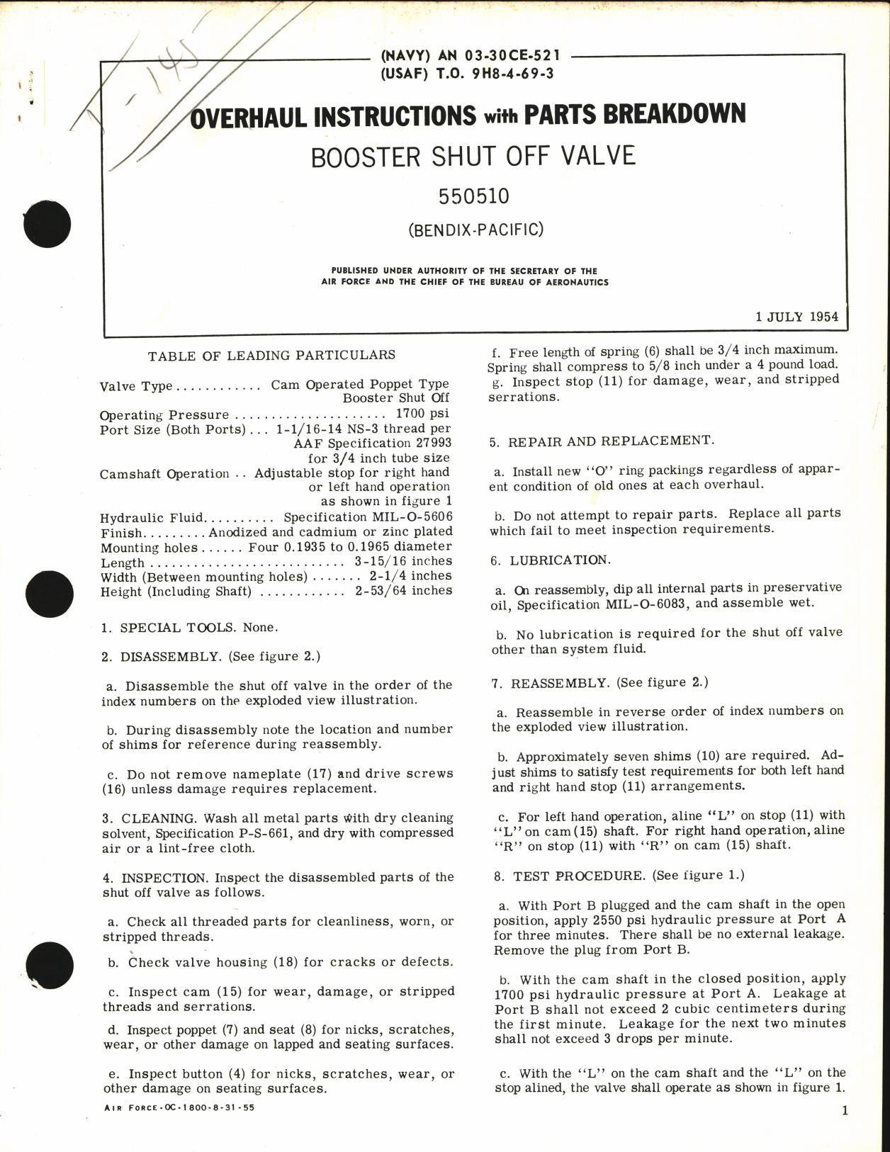 Sample page 1 from AirCorps Library document: Overhaul Instructions with Parts Breakdown for Booster Shut off Valve 550510